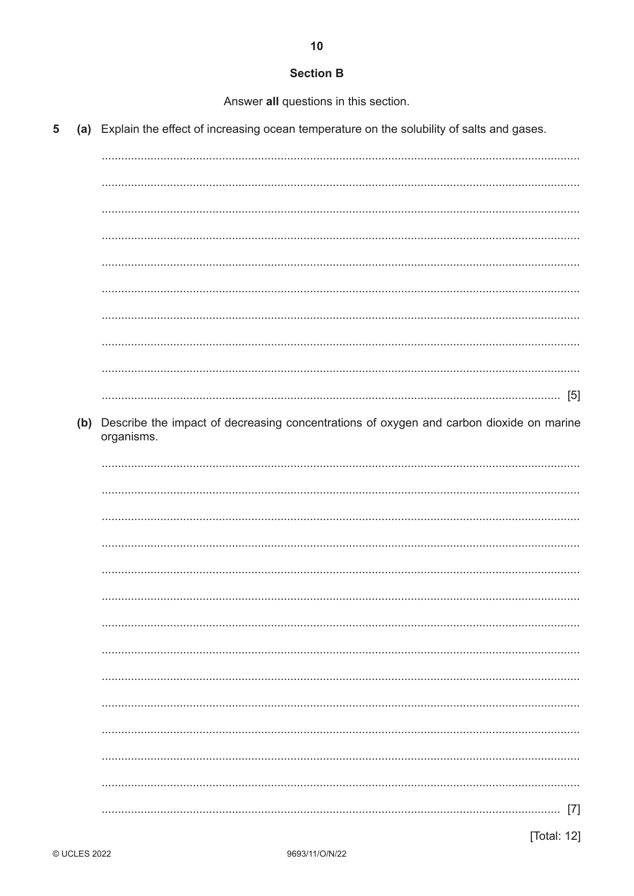 Cambridge A Level Marine Science 9693 2022 Oct/Nov Paper 1 · Variant 1 question paper, page 10 of 12
