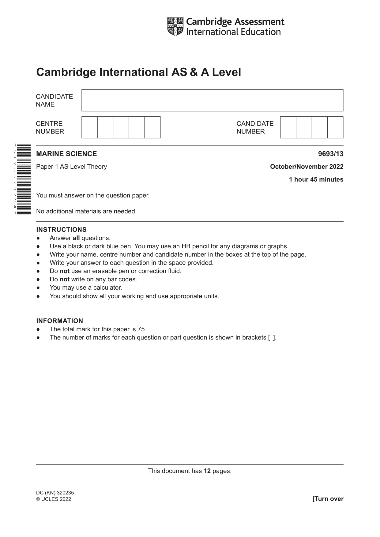 Cambridge A Level Marine Science 9693 2022 Oct/Nov Paper 1 · Variant 3 question paper, page 1 of 12
