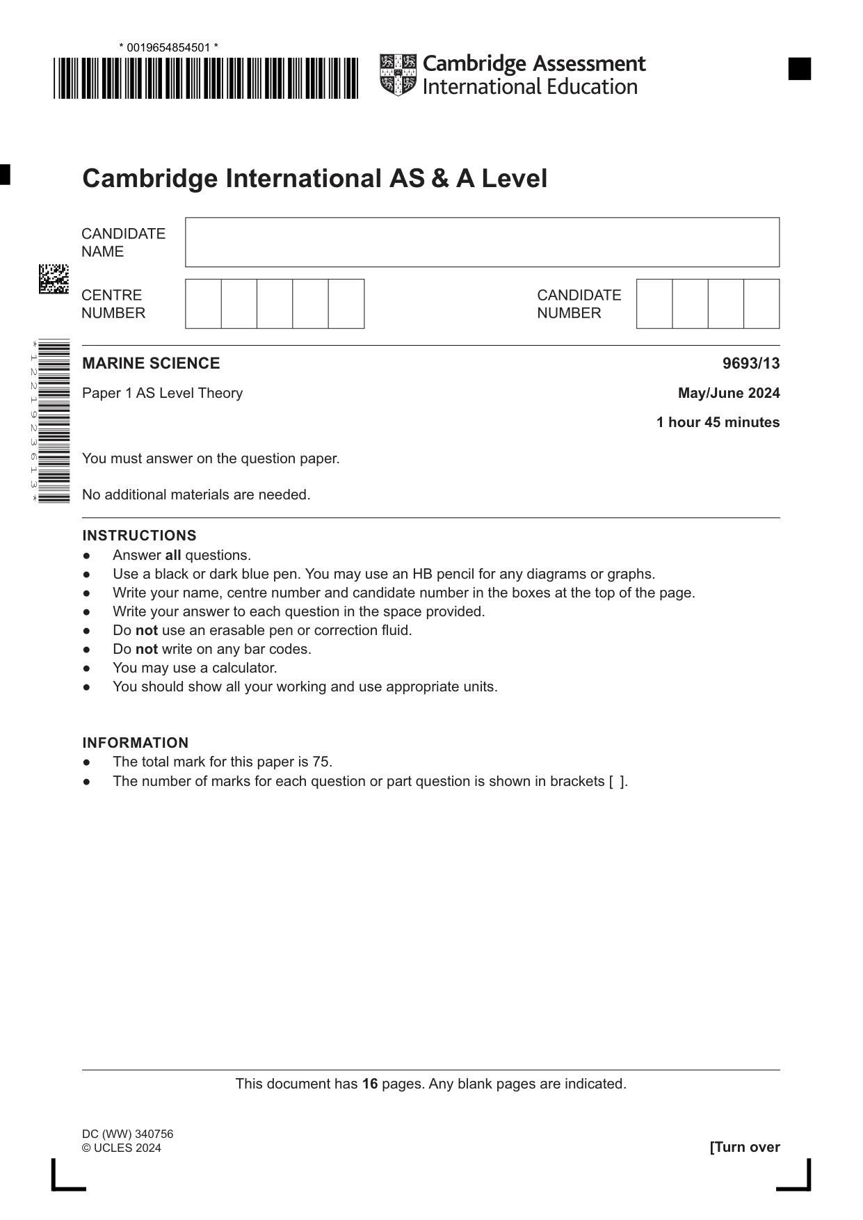 Cambridge A Level Marine Science 9693 2024 May/June Paper 1 · Variant 3 question paper, page 1 of 16