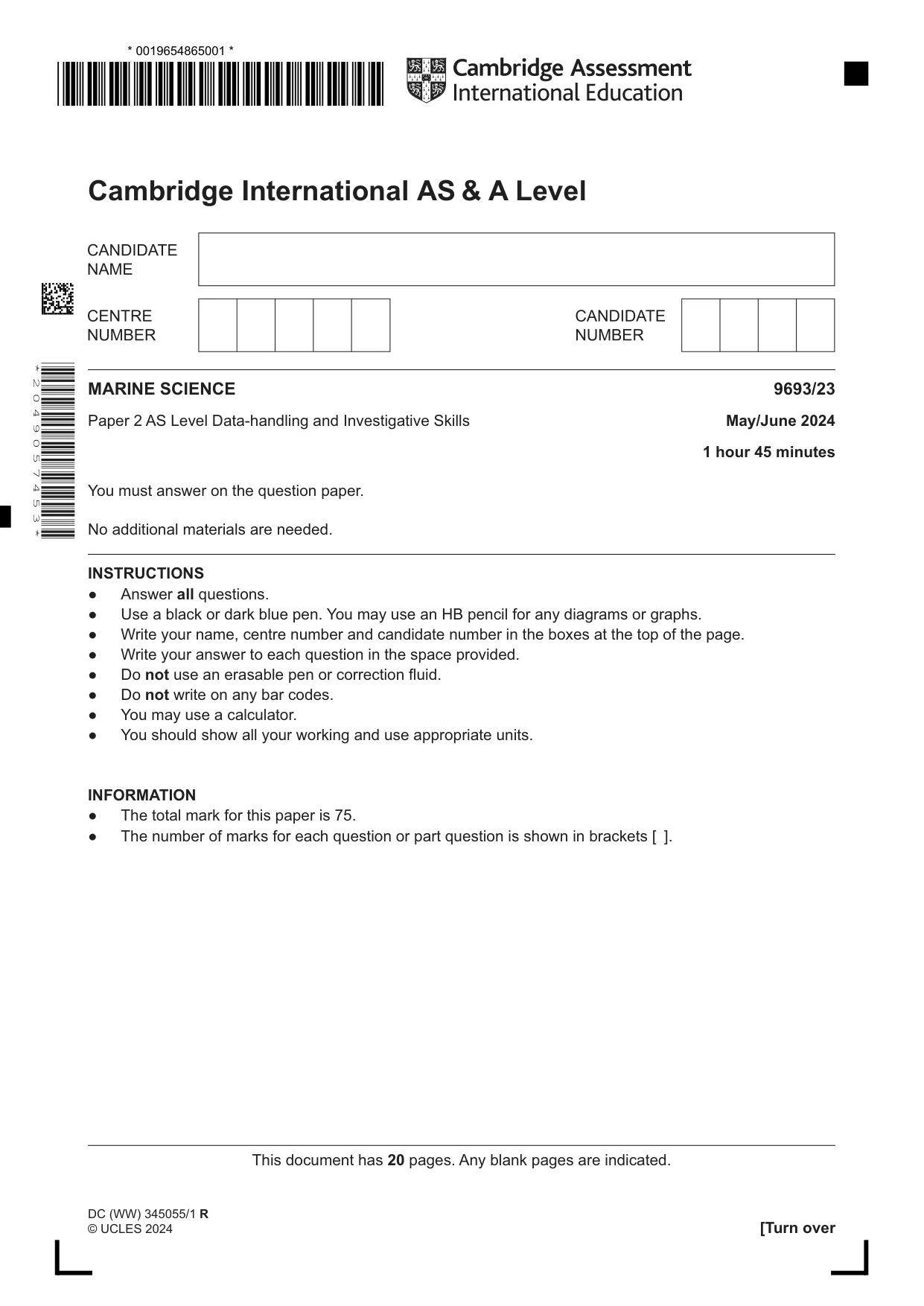 Cambridge A Level Marine Science 9693 2024 May/June Paper 2 · Variant 3 question paper, page 1 of 20