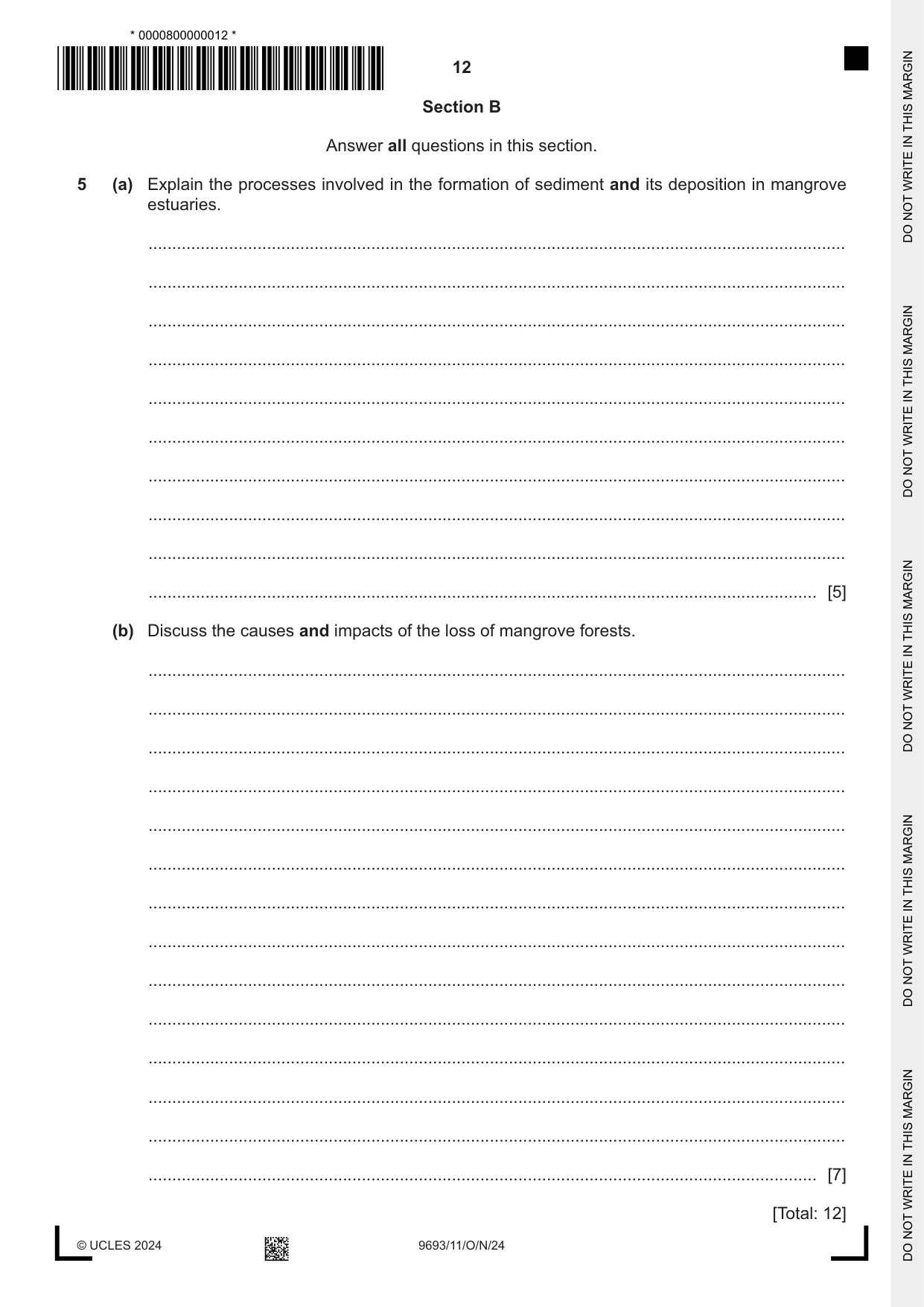 Cambridge A Level Marine Science 9693 2024 Oct/Nov Paper 1 · Variant 1 question paper, page 12 of 16
