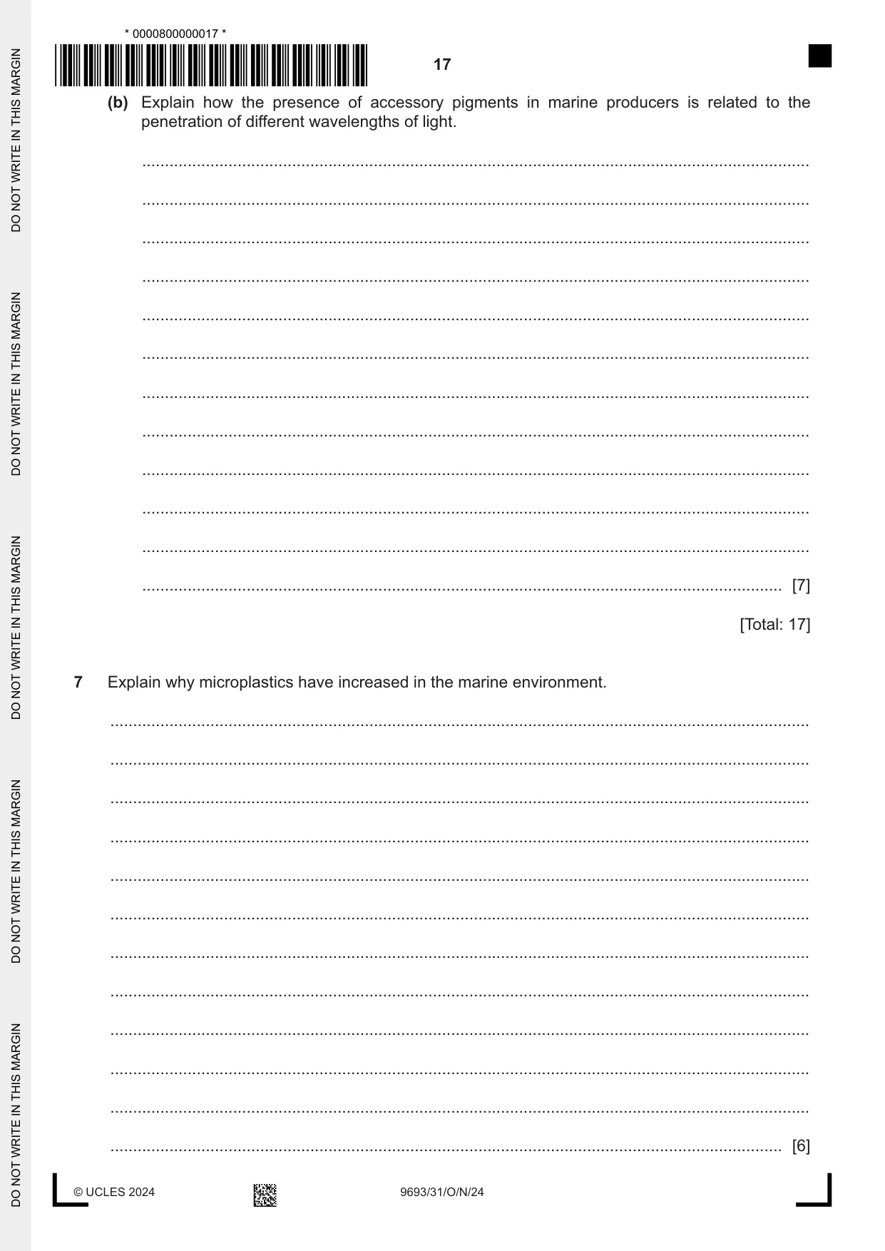 Cambridge A Level Marine Science 9693 2024 Oct/Nov Paper 3 · Variant 1 question paper, page 17 of 20