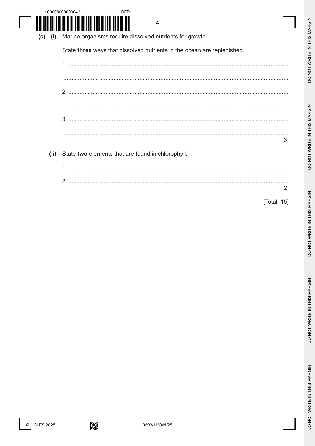 Cambridge A Level Marine Science 9693 2025 Oct/Nov Paper 1 · Variant 1 question paper, page 4 of 16