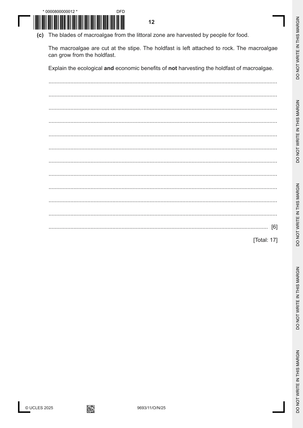 Cambridge A Level Marine Science 9693 2025 Oct/Nov Paper 1 · Variant 1 question paper, page 12 of 16