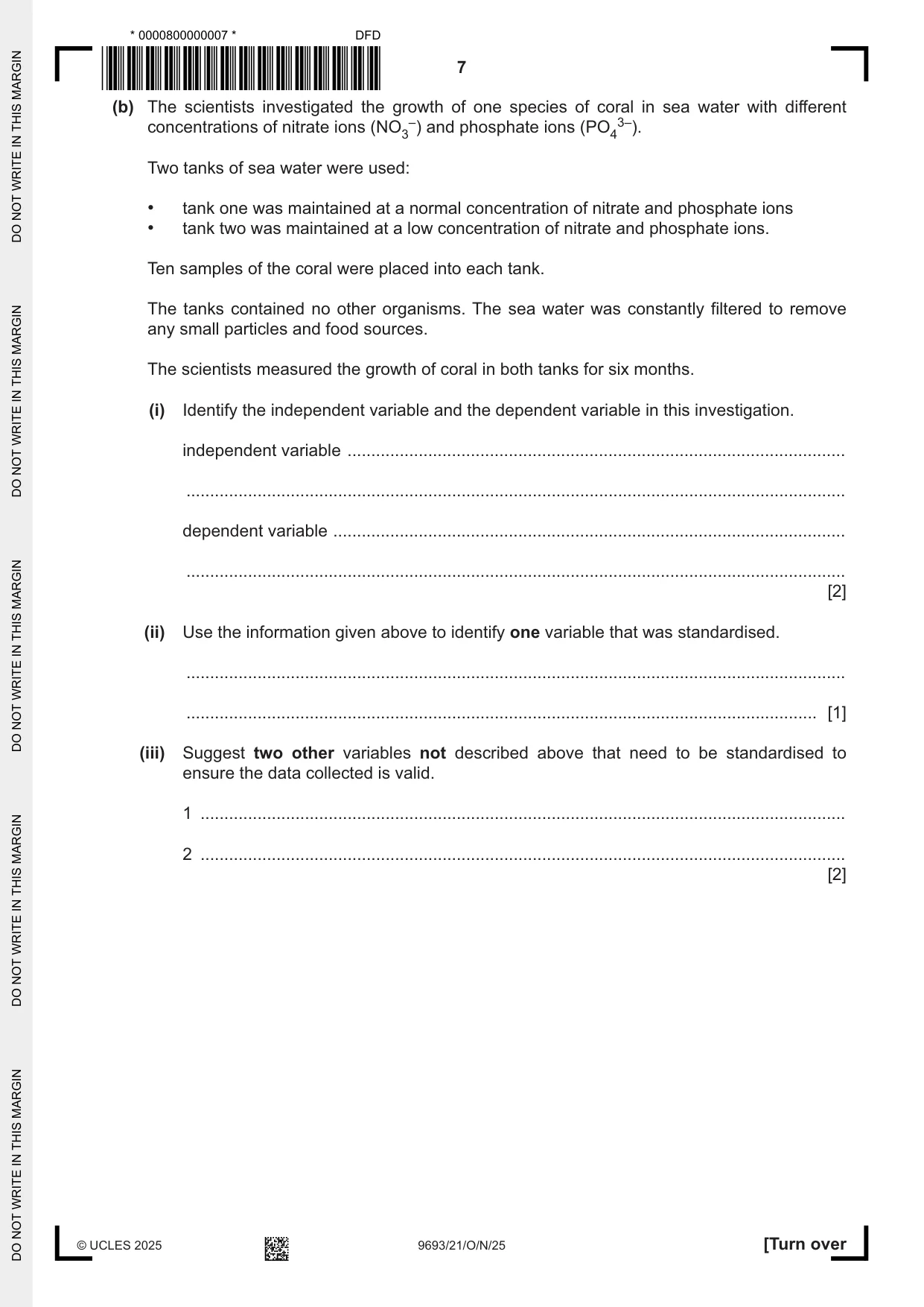Cambridge A Level Marine Science 9693 2025 Oct/Nov Paper 2 · Variant 1 question paper, page 7 of 24