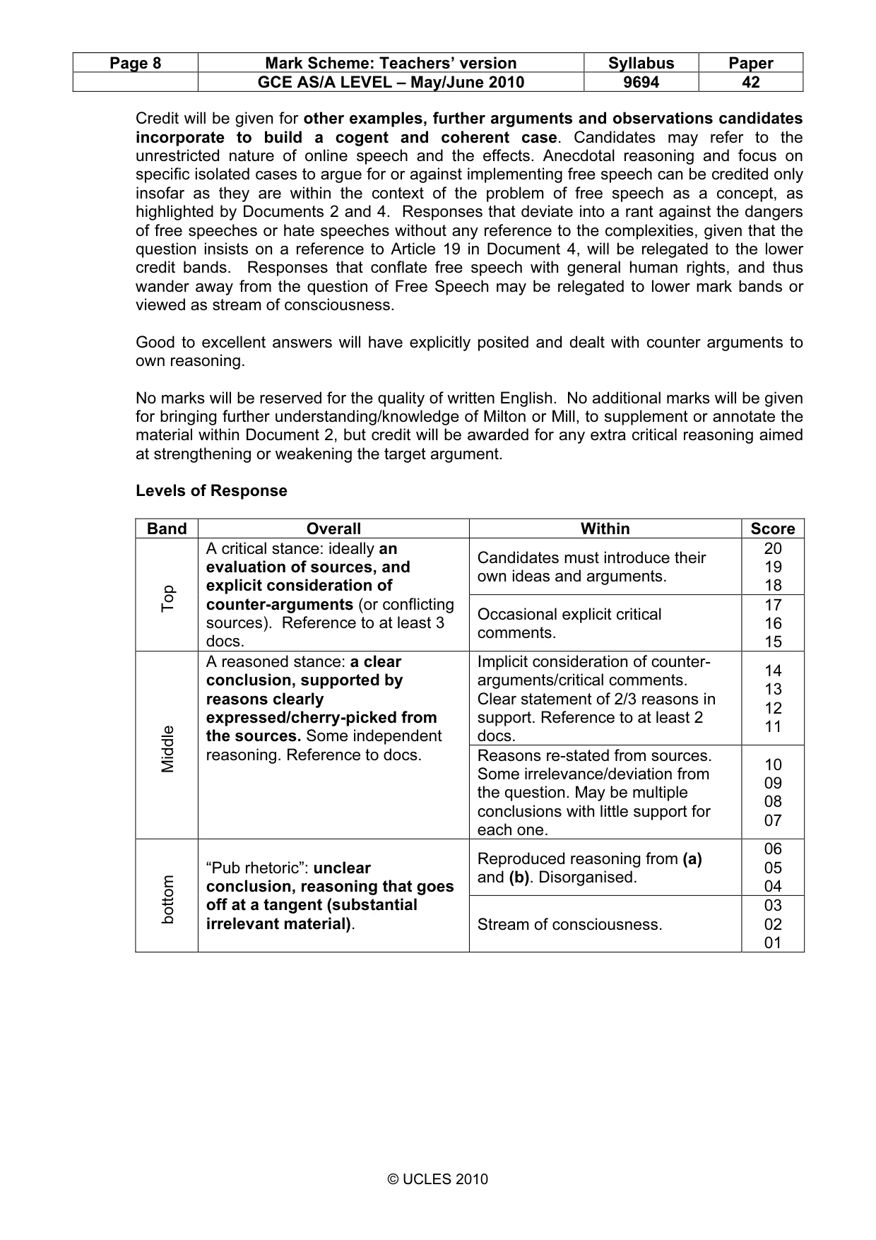 Mark scheme, page 8 of 8