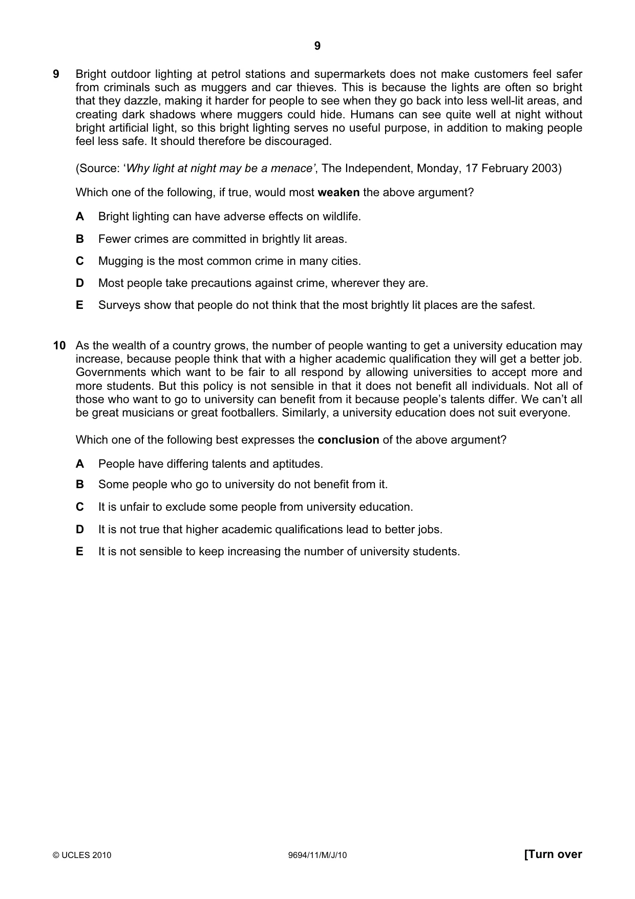 Cambridge A Level Thinking Skills 9694 2010 May/June Paper 1 · Variant 1 question paper, page 9 of 20