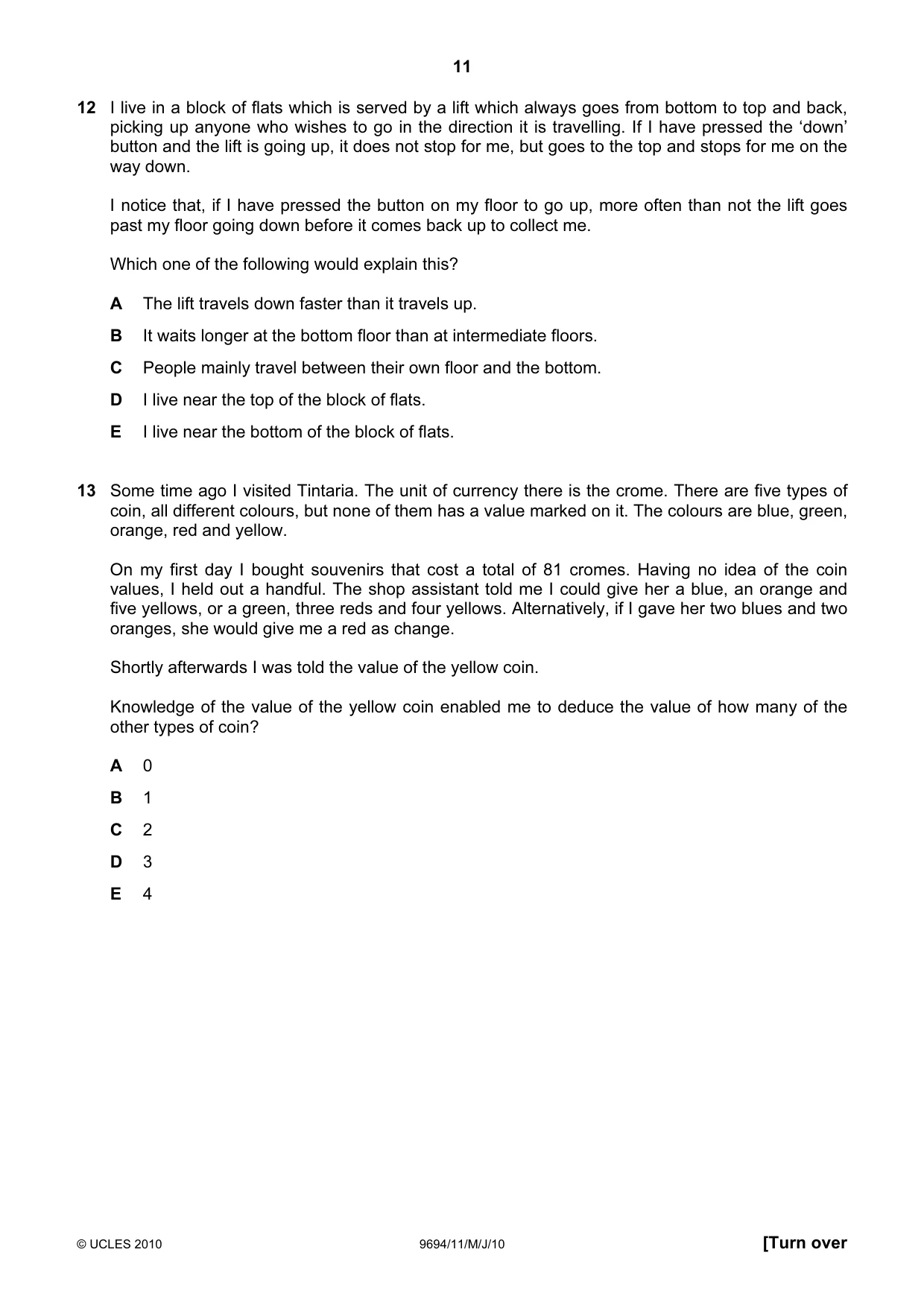 Cambridge A Level Thinking Skills 9694 2010 May/June Paper 1 · Variant 1 question paper, page 11 of 20