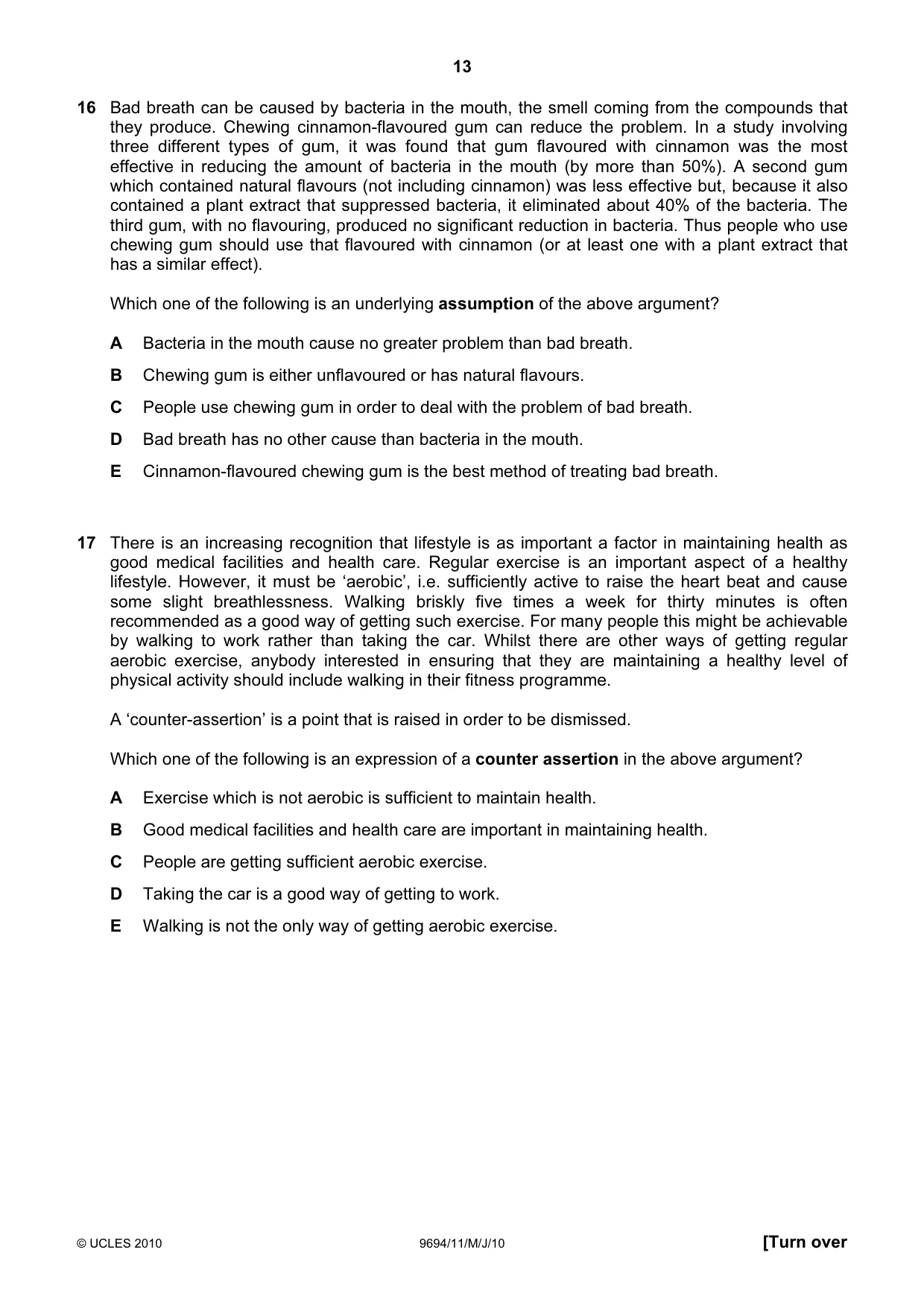 Cambridge A Level Thinking Skills 9694 2010 May/June Paper 1 · Variant 1 question paper, page 13 of 20