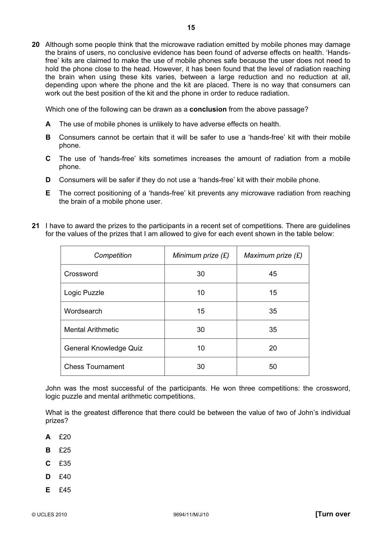 Cambridge A Level Thinking Skills 9694 2010 May/June Paper 1 · Variant 1 question paper, page 15 of 20