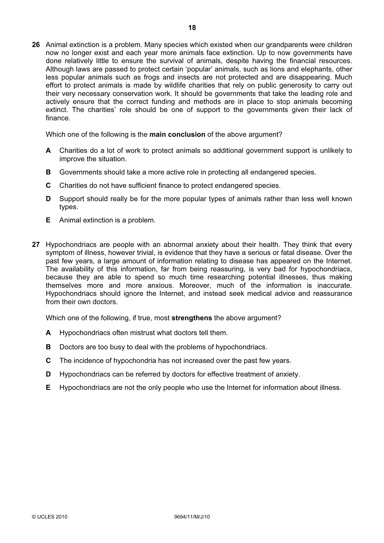 Cambridge A Level Thinking Skills 9694 2010 May/June Paper 1 · Variant 1 question paper, page 18 of 20