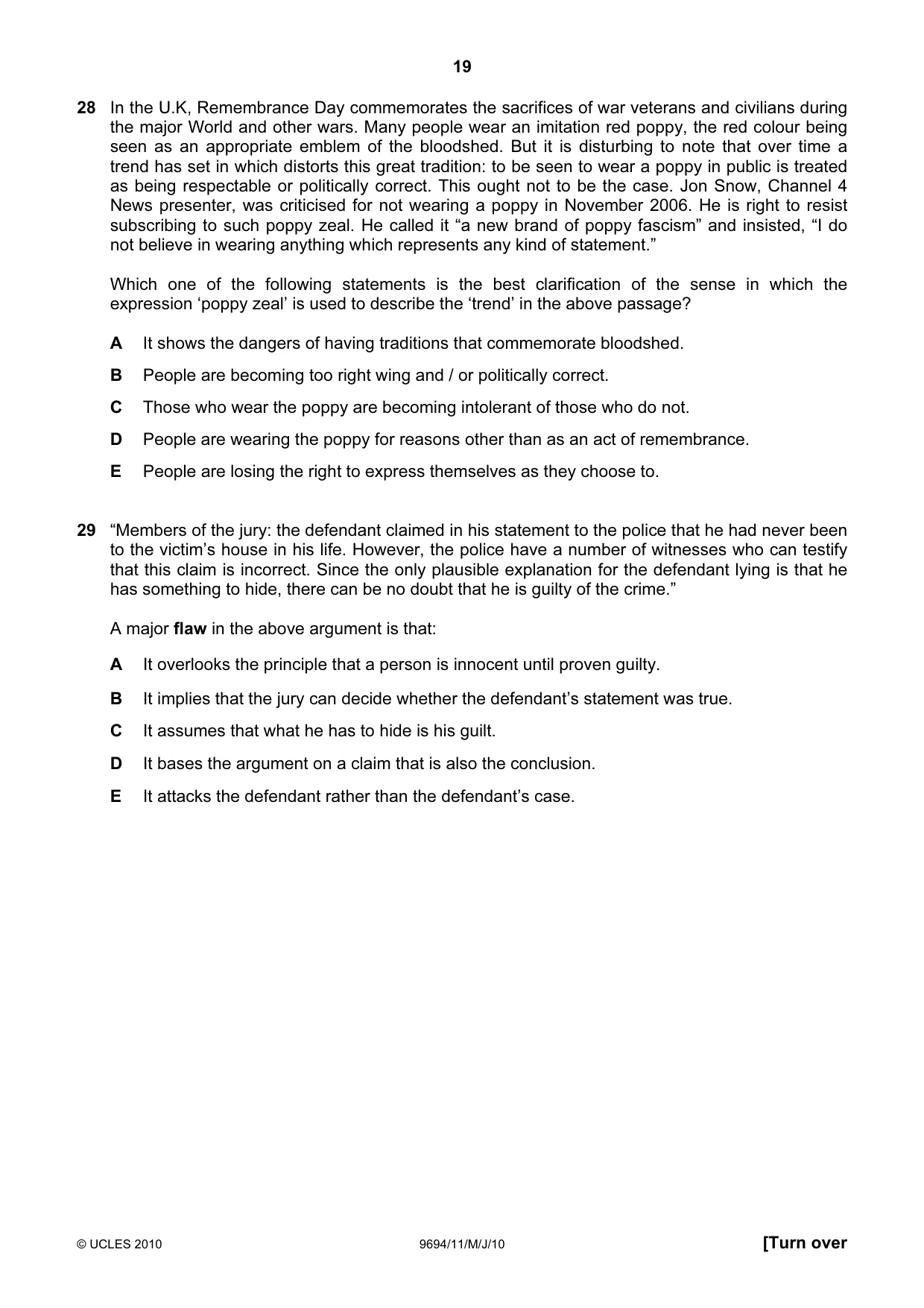 Cambridge A Level Thinking Skills 9694 2010 May/June Paper 1 · Variant 1 question paper, page 19 of 20