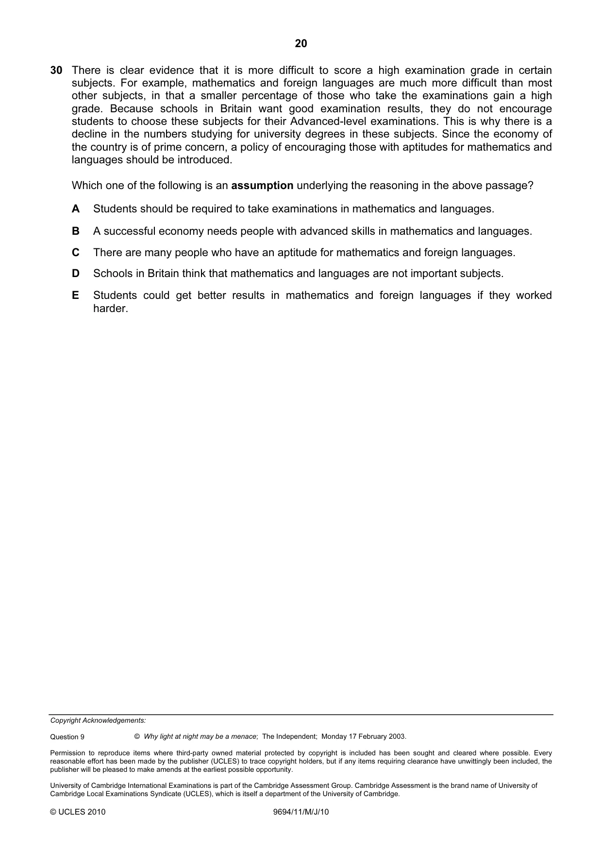 Cambridge A Level Thinking Skills 9694 2010 May/June Paper 1 · Variant 1 question paper, page 20 of 20
