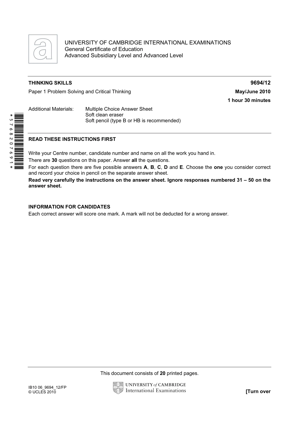 Cambridge A Level Thinking Skills 9694 2010 May/June Paper 1 · Variant 2 question paper, page 1 of 20