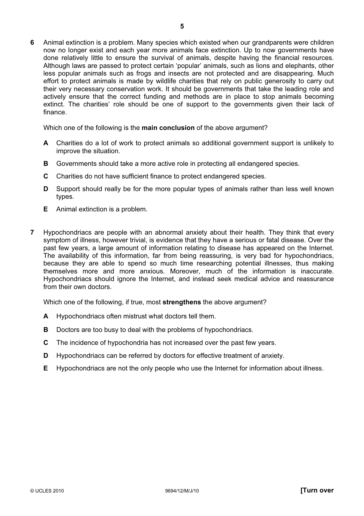 Cambridge A Level Thinking Skills 9694 2010 May/June Paper 1 · Variant 2 question paper, page 5 of 20