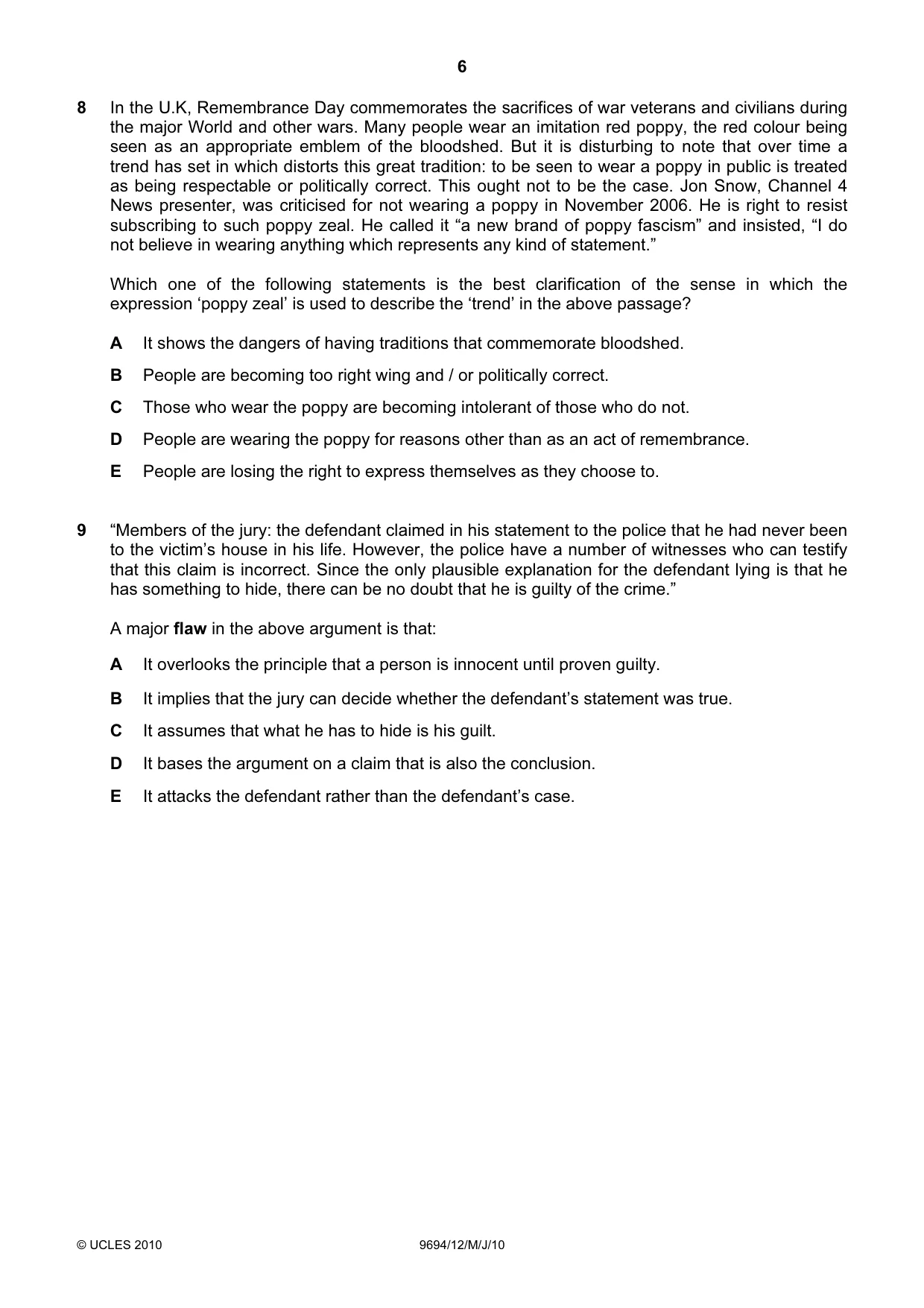 Cambridge A Level Thinking Skills 9694 2010 May/June Paper 1 · Variant 2 question paper, page 6 of 20