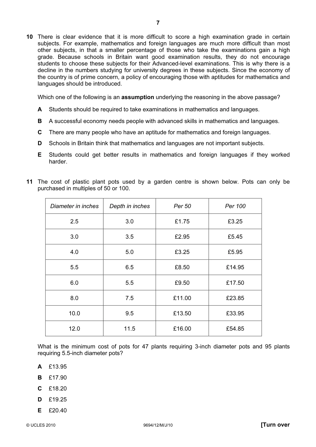 Cambridge A Level Thinking Skills 9694 2010 May/June Paper 1 · Variant 2 question paper, page 7 of 20