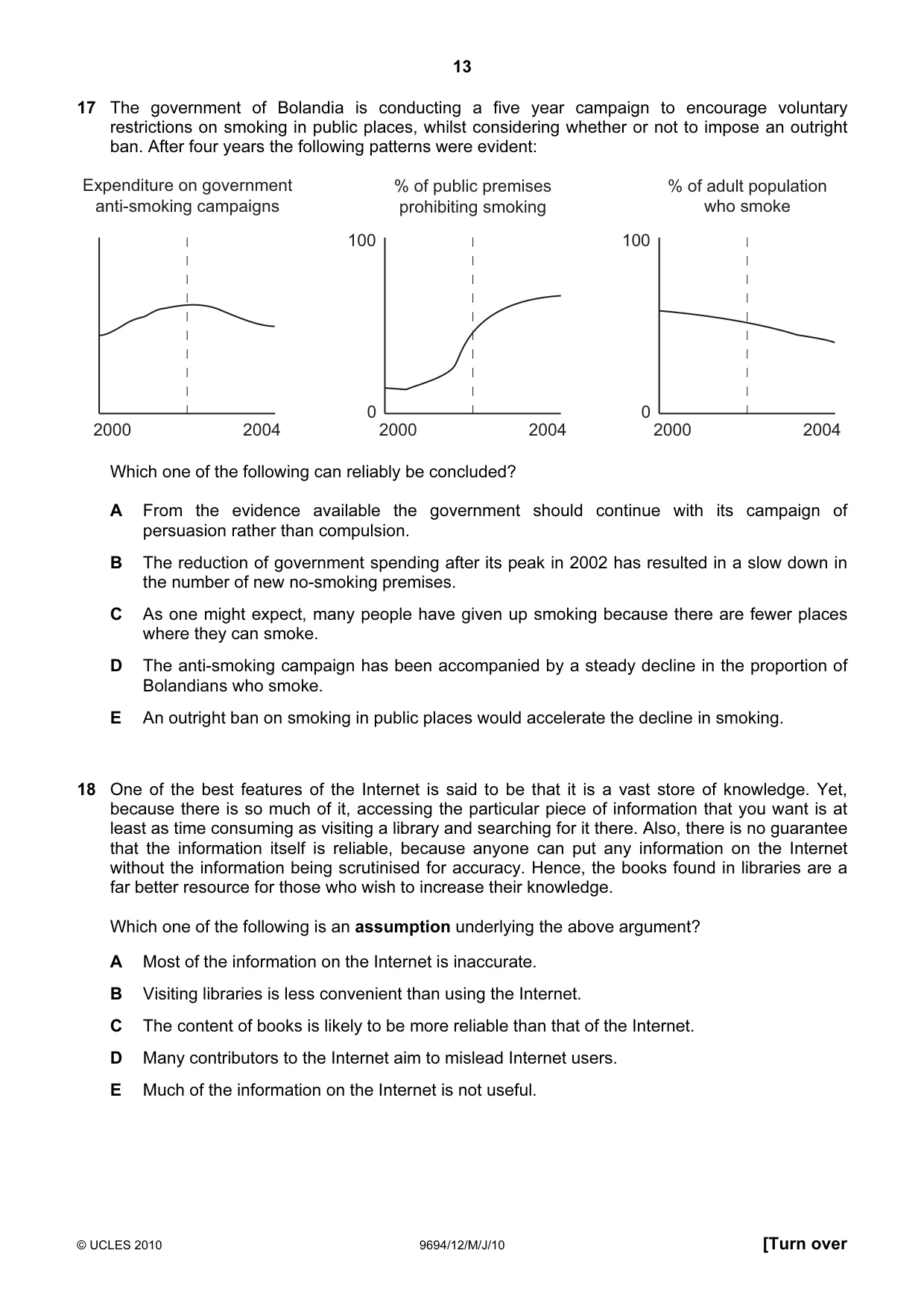 Cambridge A Level Thinking Skills 9694 2010 May/June Paper 1 · Variant 2 question paper, page 13 of 20