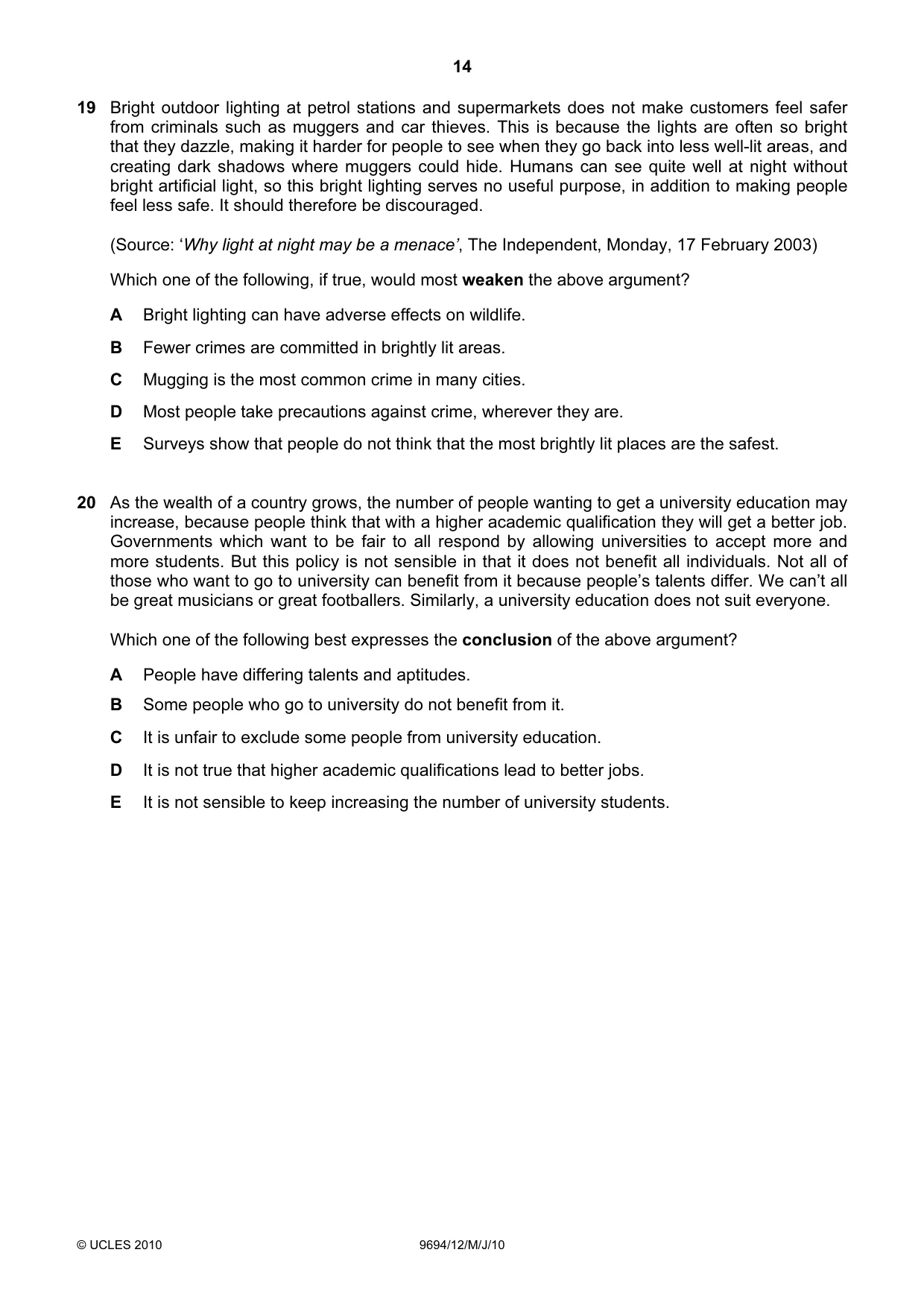 Cambridge A Level Thinking Skills 9694 2010 May/June Paper 1 · Variant 2 question paper, page 14 of 20