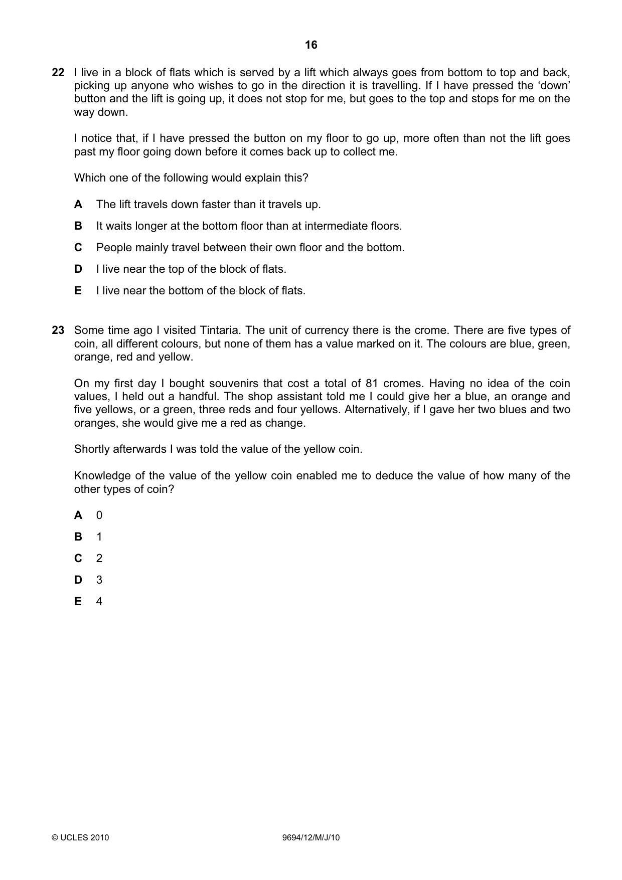 Cambridge A Level Thinking Skills 9694 2010 May/June Paper 1 · Variant 2 question paper, page 16 of 20