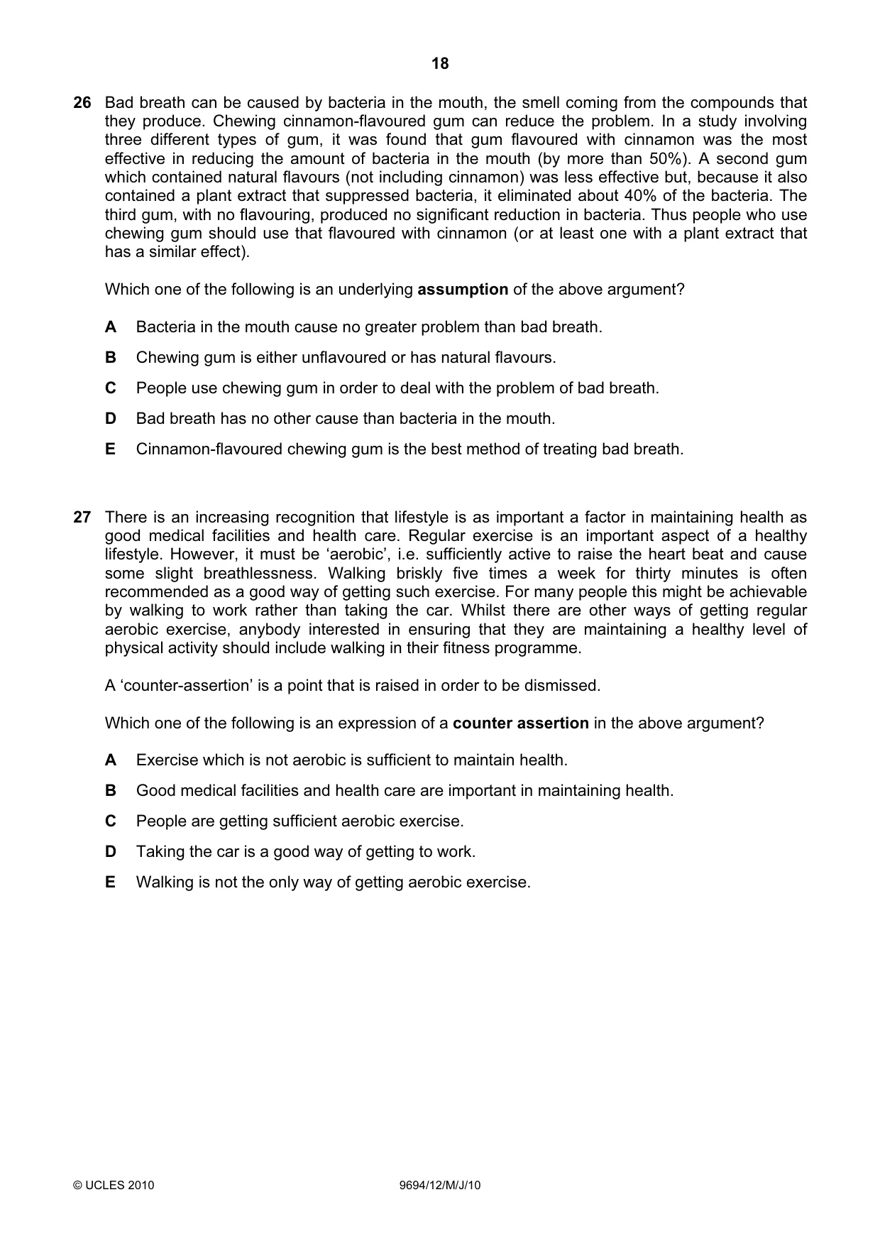 Cambridge A Level Thinking Skills 9694 2010 May/June Paper 1 · Variant 2 question paper, page 18 of 20