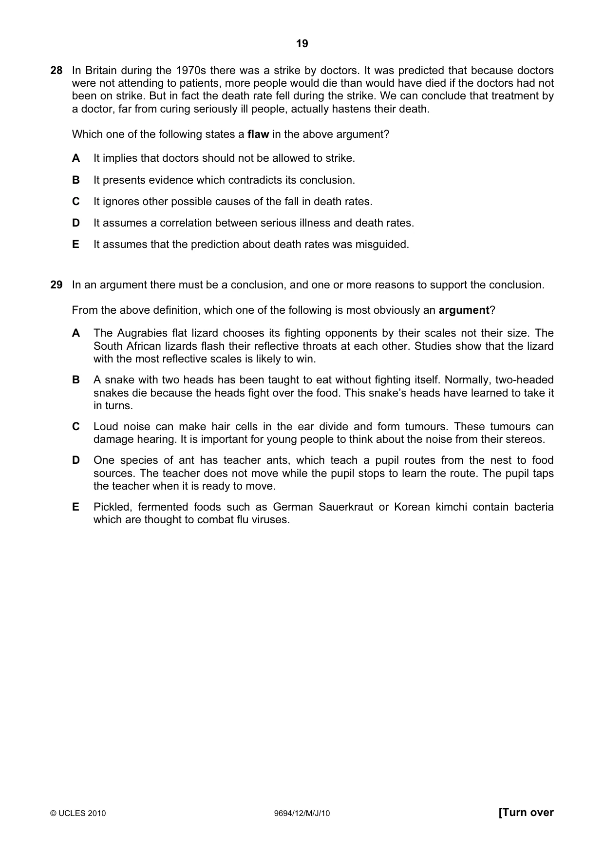 Cambridge A Level Thinking Skills 9694 2010 May/June Paper 1 · Variant 2 question paper, page 19 of 20
