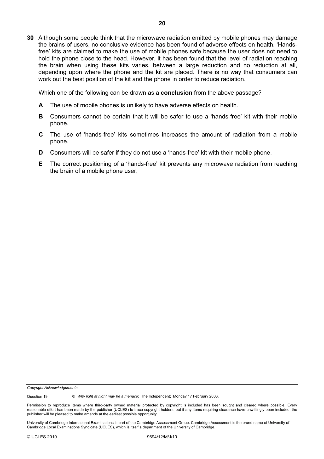 Cambridge A Level Thinking Skills 9694 2010 May/June Paper 1 · Variant 2 question paper, page 20 of 20