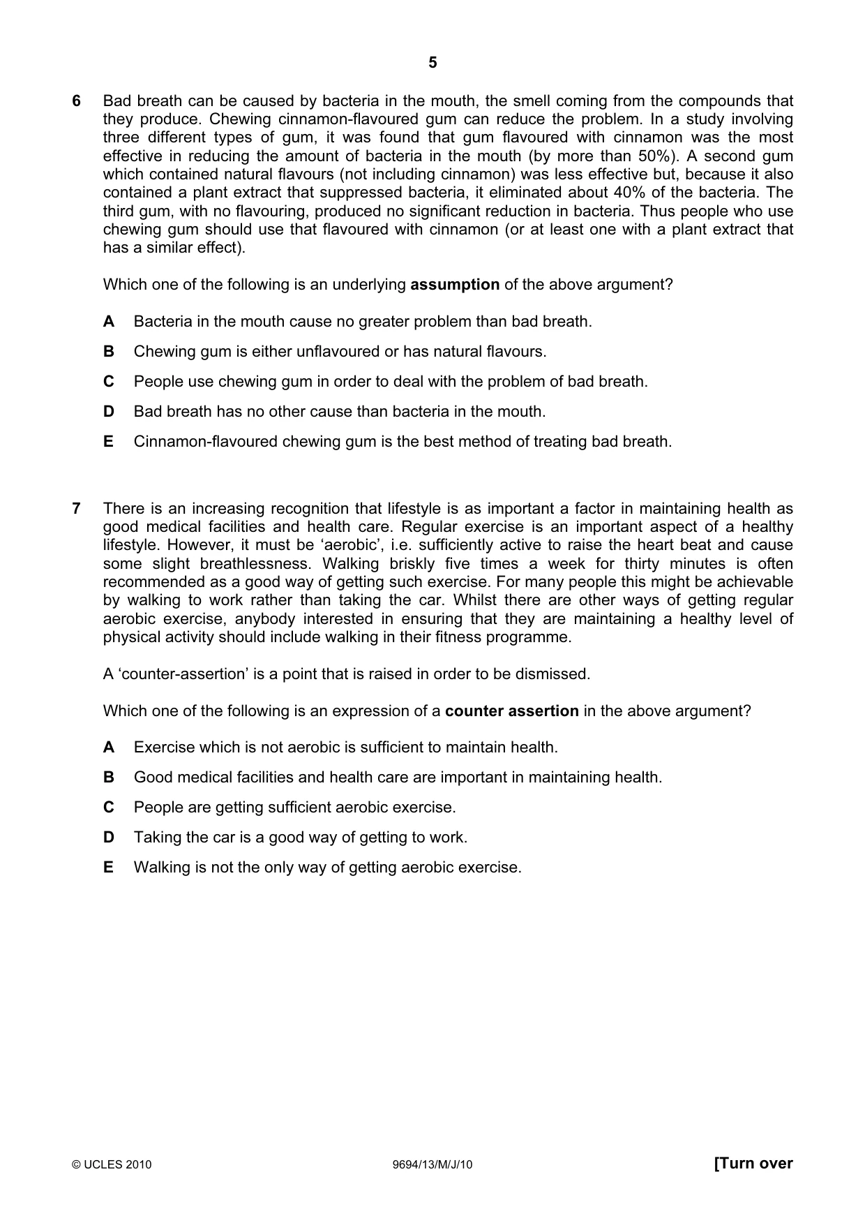 Cambridge A Level Thinking Skills 9694 2010 May/June Paper 1 · Variant 3 question paper, page 5 of 20