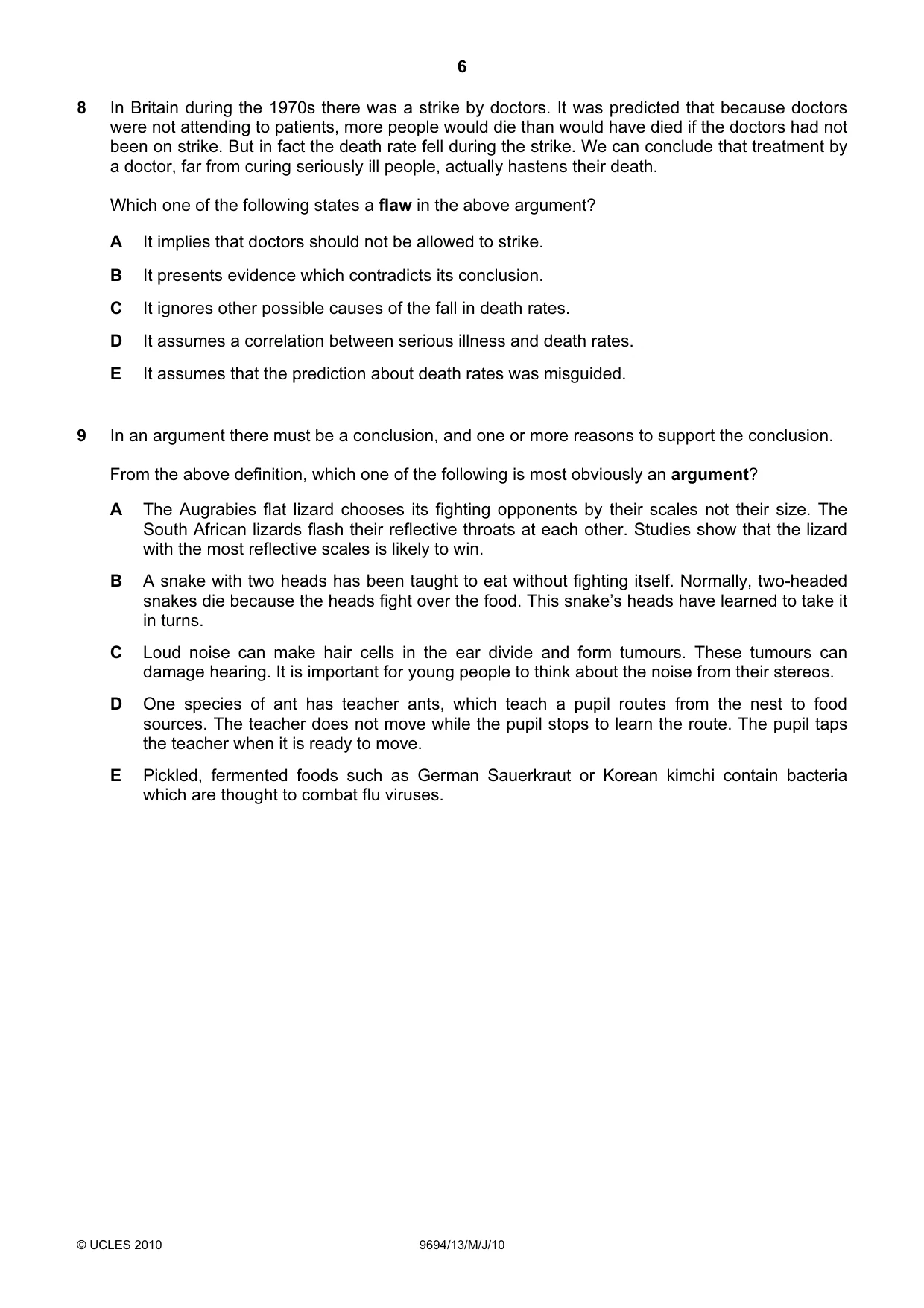 Cambridge A Level Thinking Skills 9694 2010 May/June Paper 1 · Variant 3 question paper, page 6 of 20