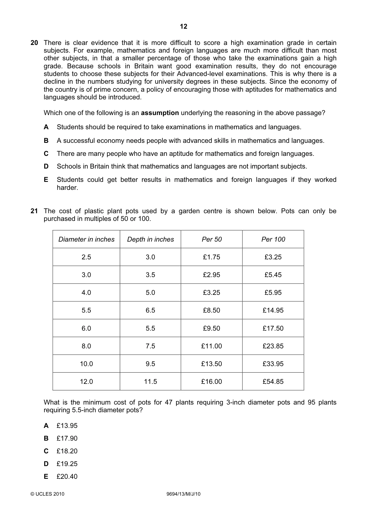 Cambridge A Level Thinking Skills 9694 2010 May/June Paper 1 · Variant 3 question paper, page 12 of 20