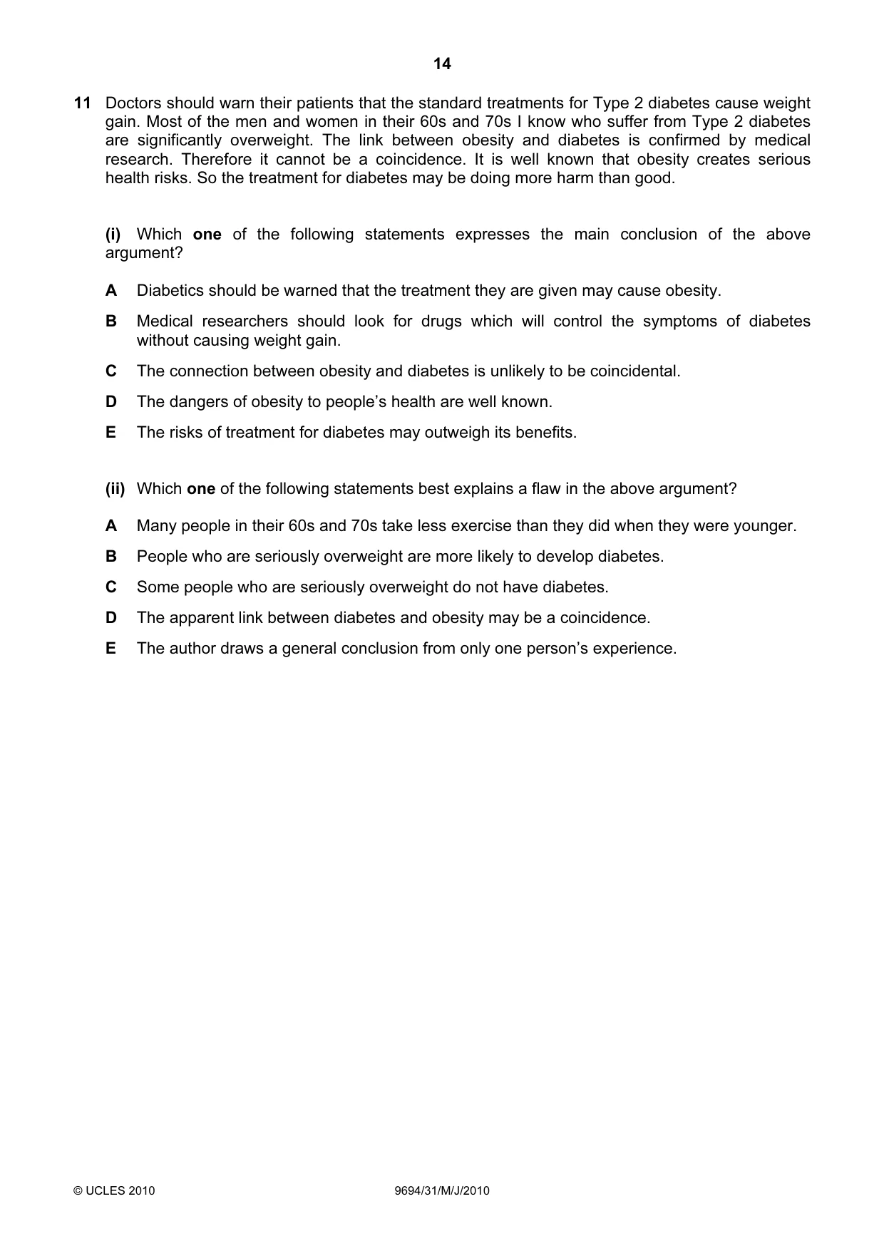 Cambridge A Level Thinking Skills 9694 2010 May/June Paper 3 · Variant 1 question paper, page 14 of 24