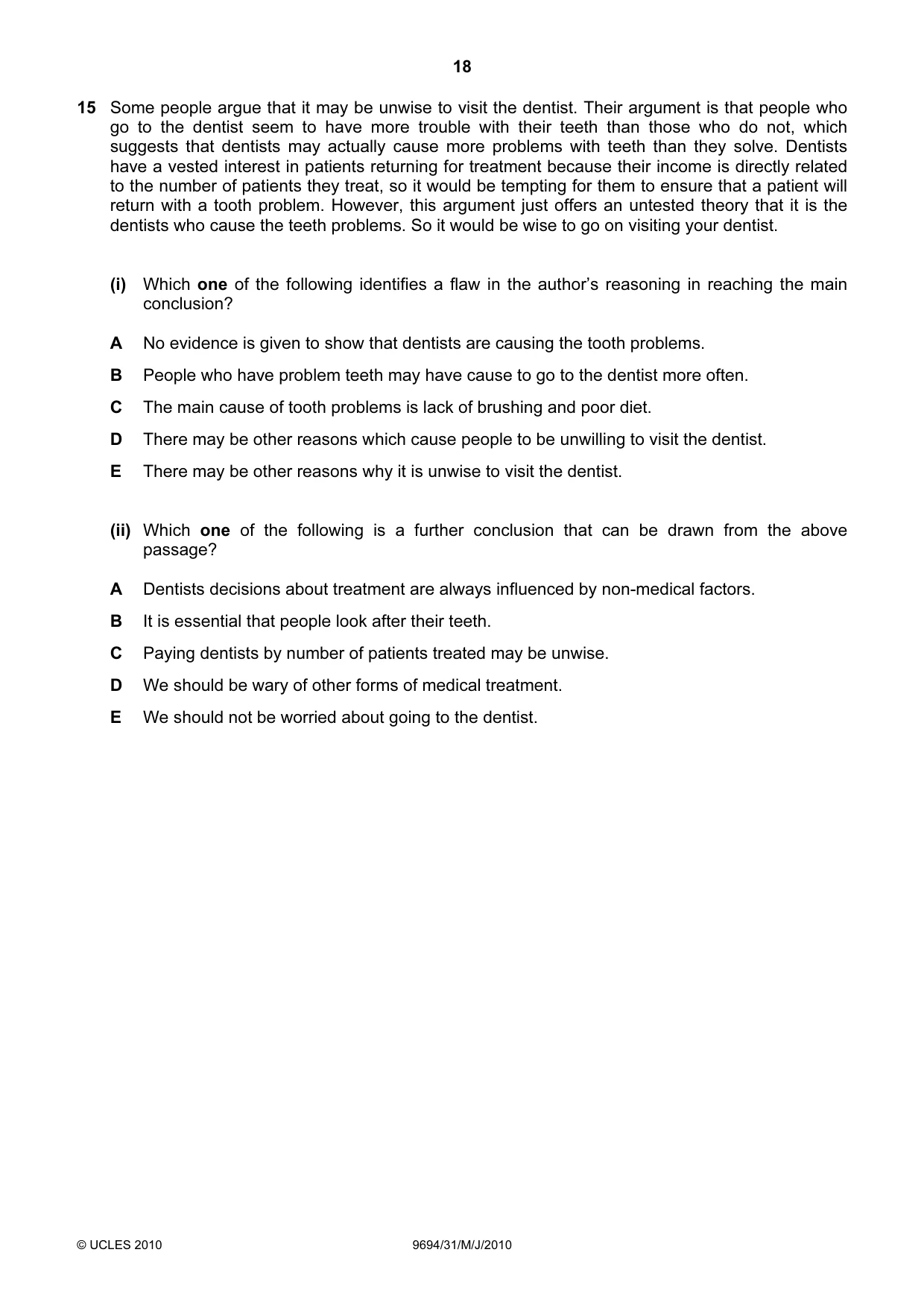 Cambridge A Level Thinking Skills 9694 2010 May/June Paper 3 · Variant 1 question paper, page 18 of 24