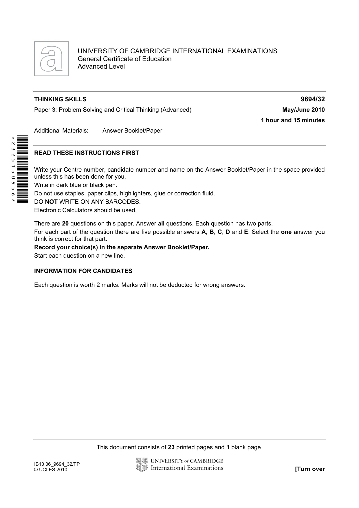 Cambridge A Level Thinking Skills 9694 2010 May/June Paper 3 · Variant 2 question paper, page 1 of 24