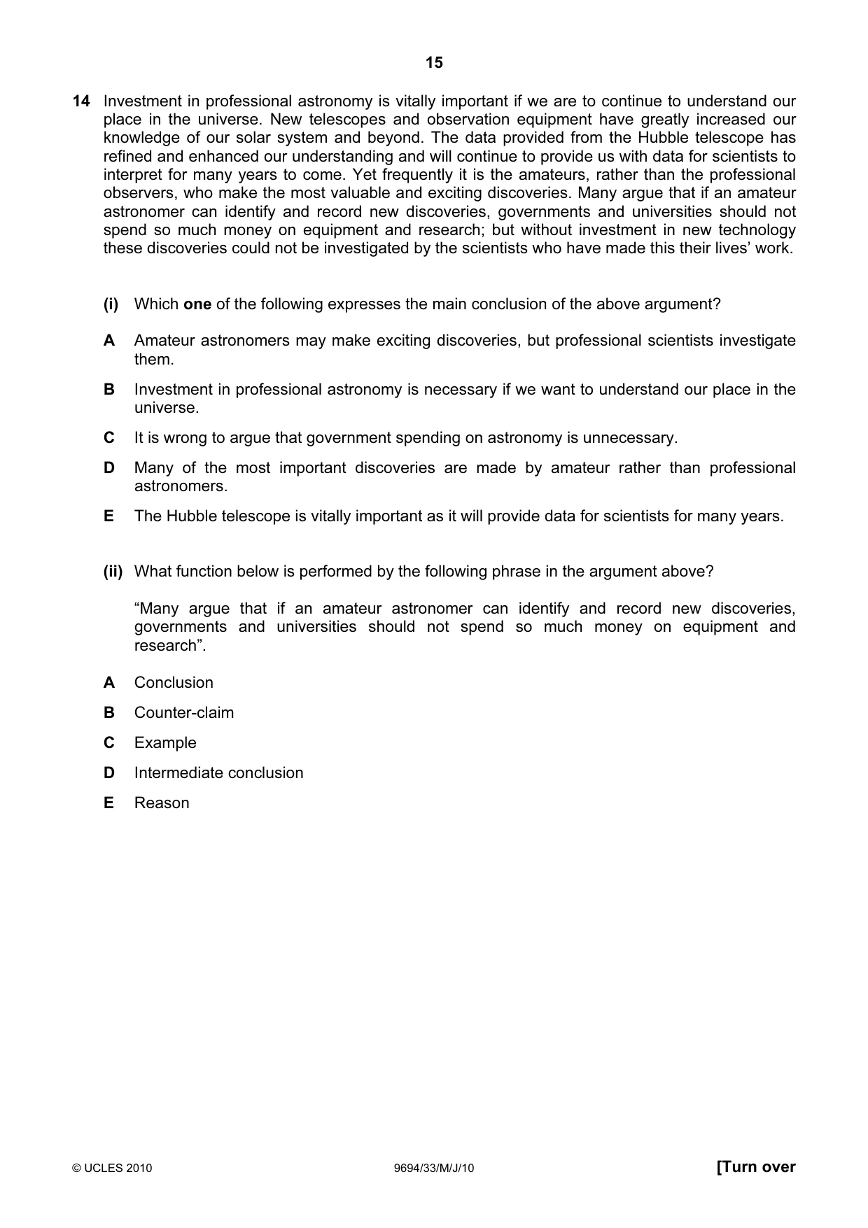 Cambridge A Level Thinking Skills 9694 2010 May/June Paper 3 · Variant 3 question paper, page 15 of 24