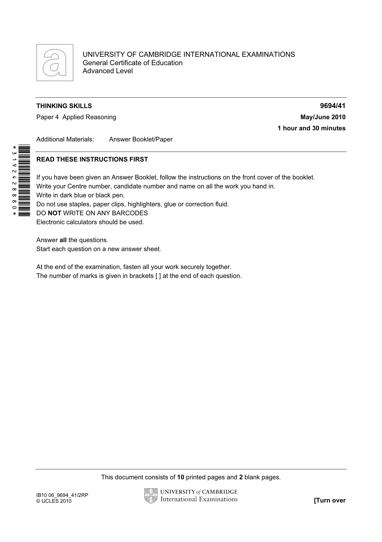 Cambridge A Level Thinking Skills 9694 2010 May/June Paper 4 · Variant 1 question paper, page 1 of 12