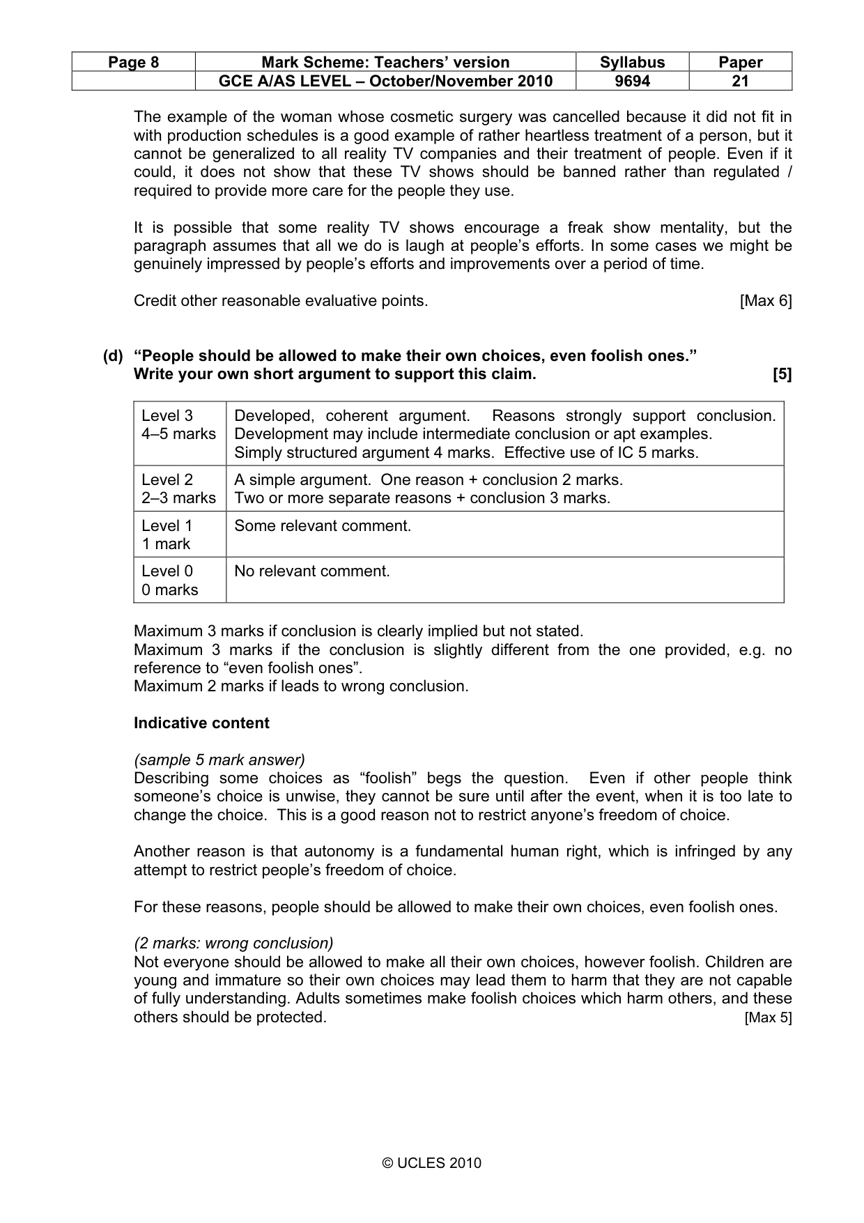 Mark scheme, page 8 of 8