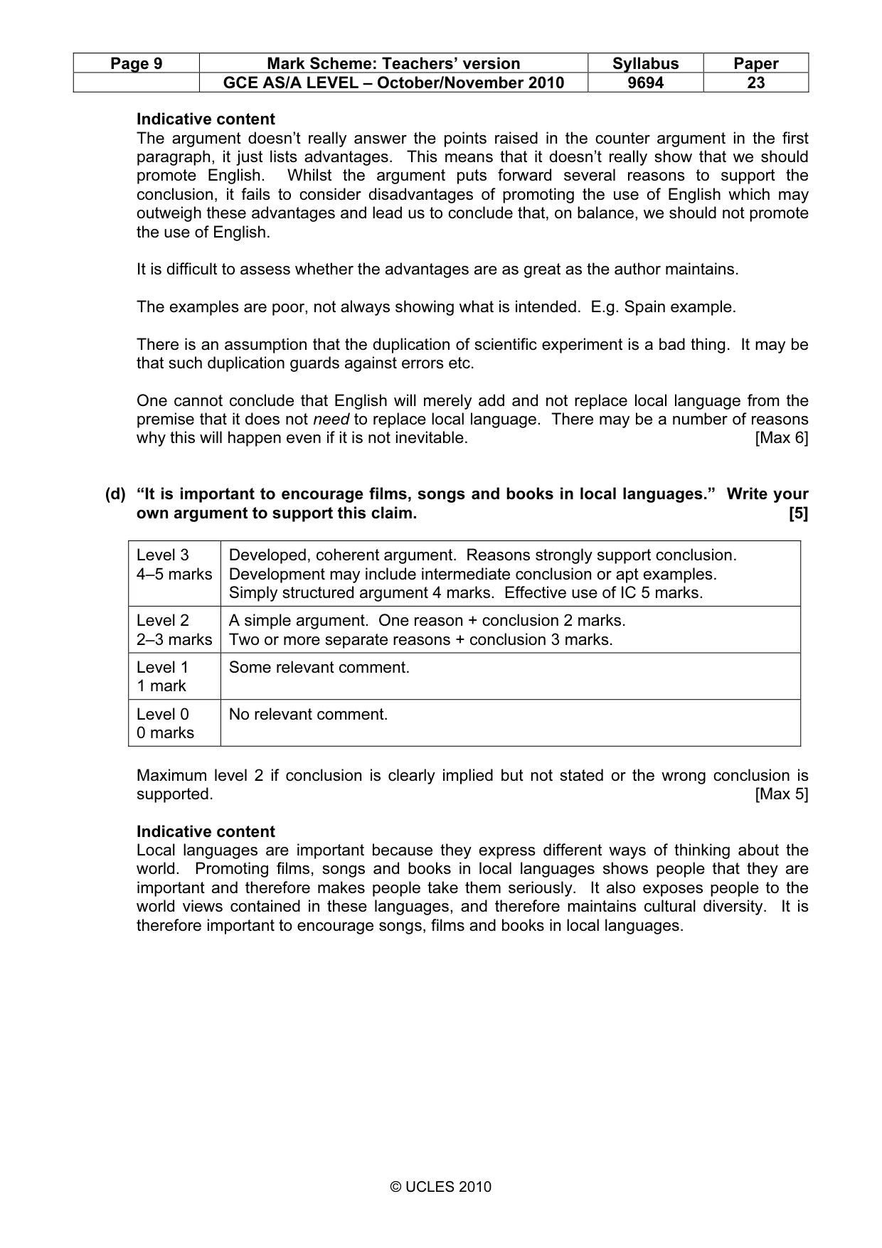 Mark scheme, page 9 of 9