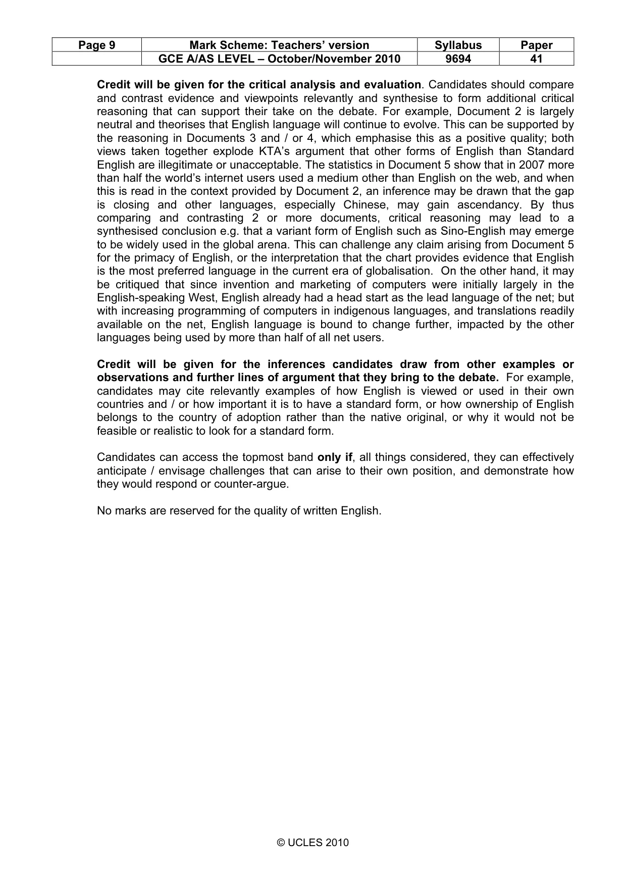 Mark scheme, page 9 of 10