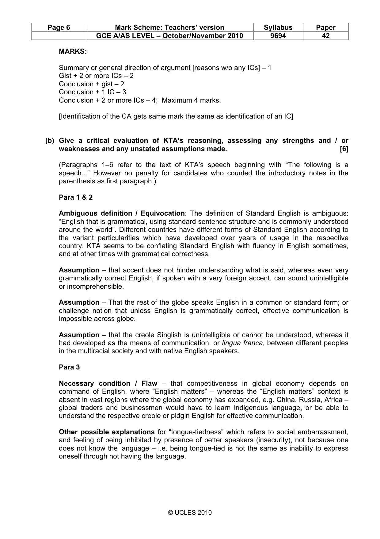 Mark scheme, page 6 of 10