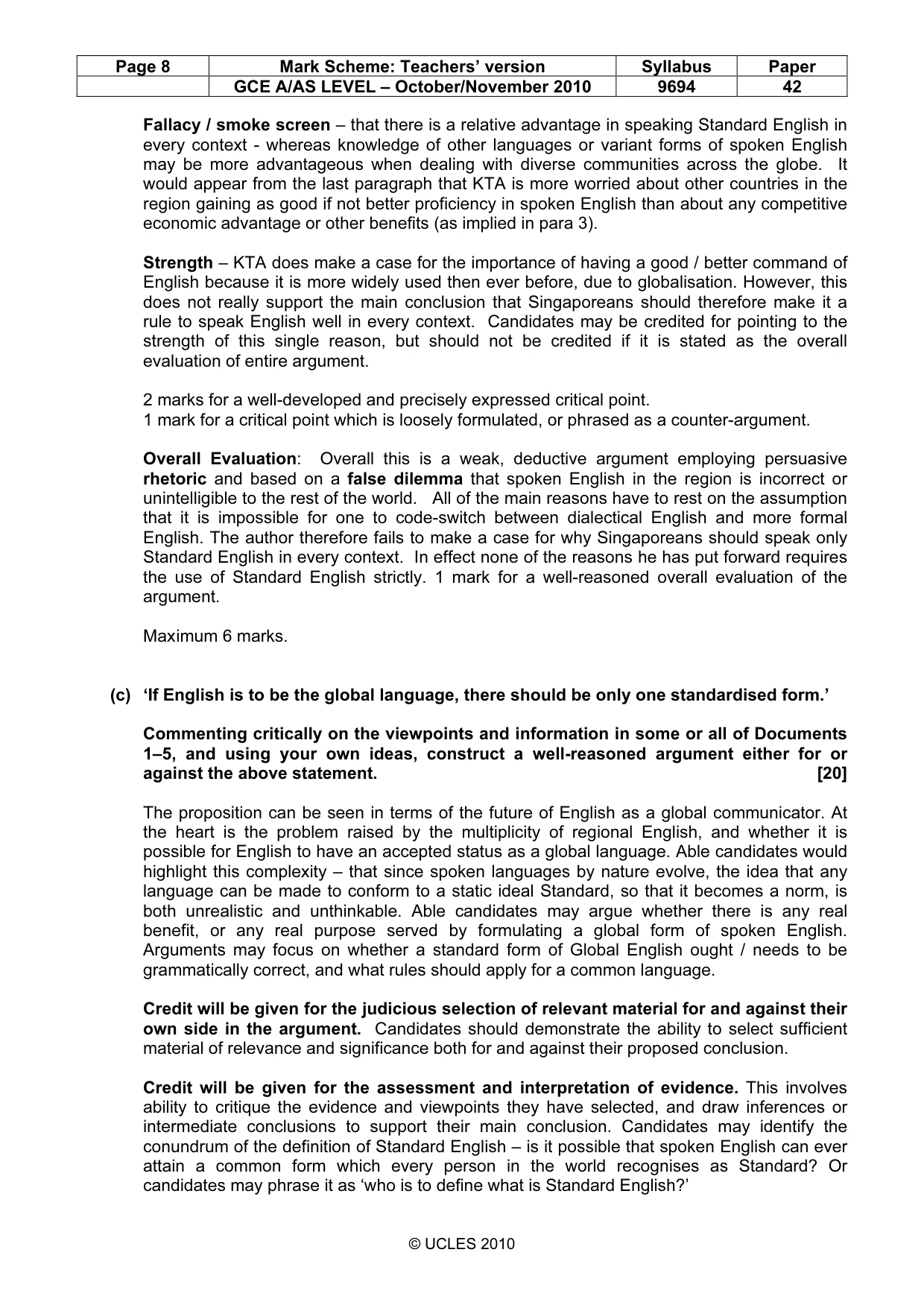 Mark scheme, page 8 of 10
