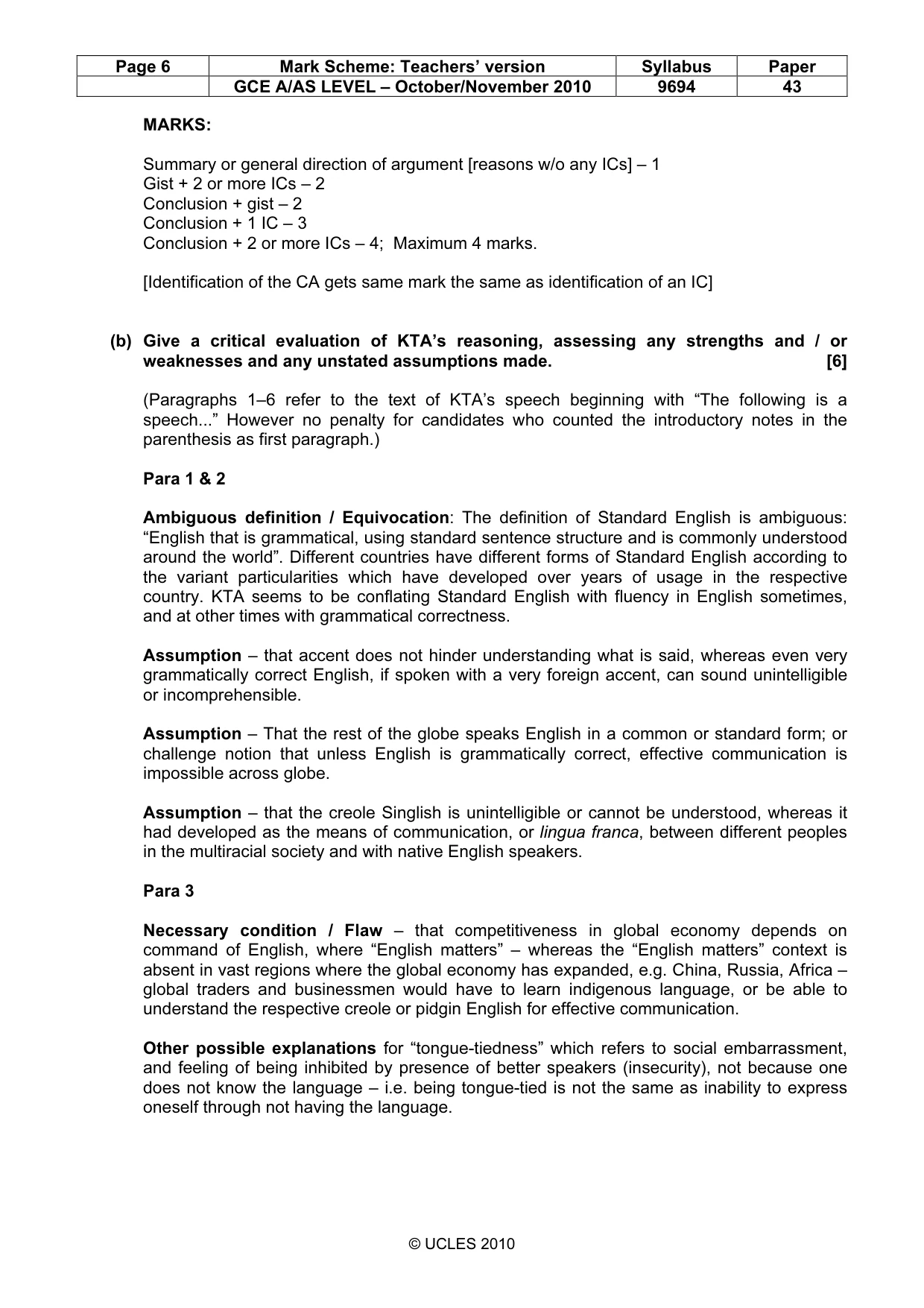 Mark scheme, page 6 of 10