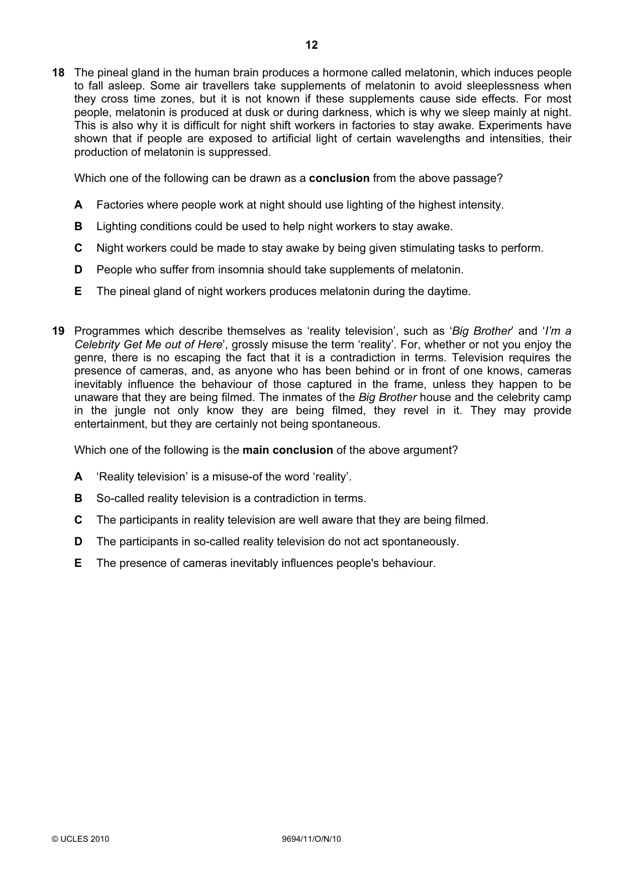 Cambridge A Level Thinking Skills 9694 2010 Oct/Nov Paper 1 · Variant 1 question paper, page 12 of 20