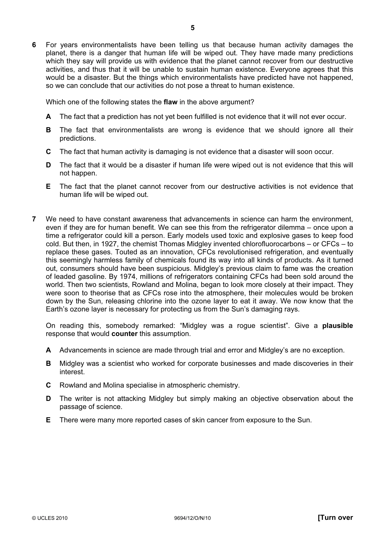 Cambridge A Level Thinking Skills 9694 2010 Oct/Nov Paper 1 · Variant 2 question paper, page 5 of 20