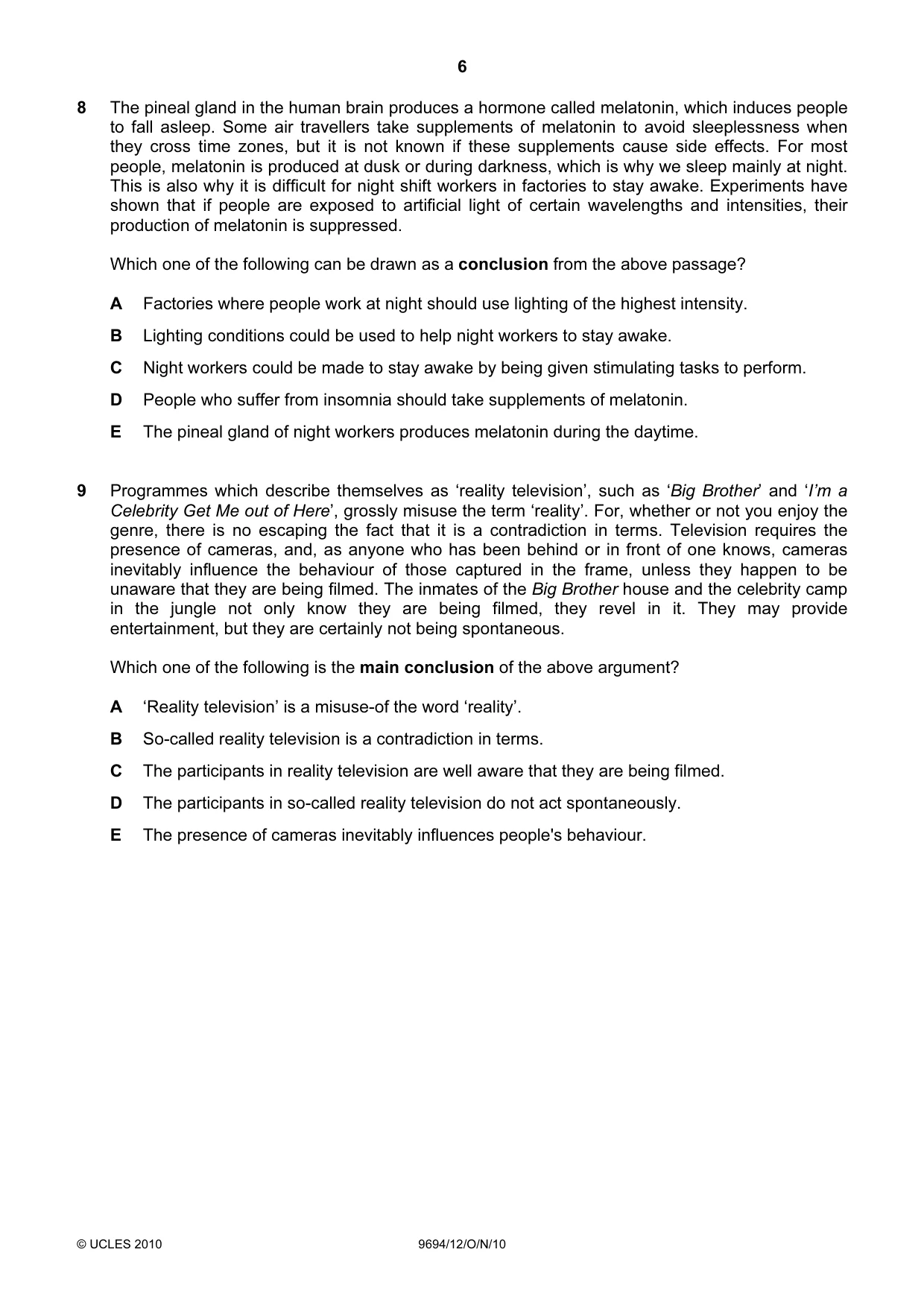 Cambridge A Level Thinking Skills 9694 2010 Oct/Nov Paper 1 · Variant 2 question paper, page 6 of 20