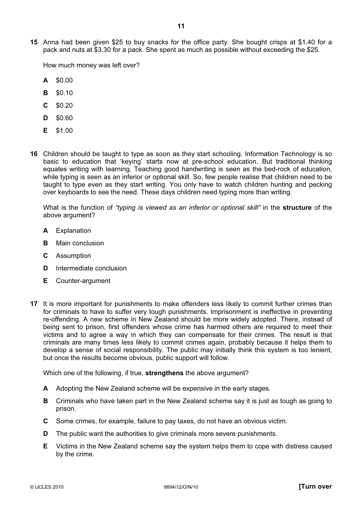 Cambridge A Level Thinking Skills 9694 2010 Oct/Nov Paper 1 · Variant 2 question paper, page 11 of 20
