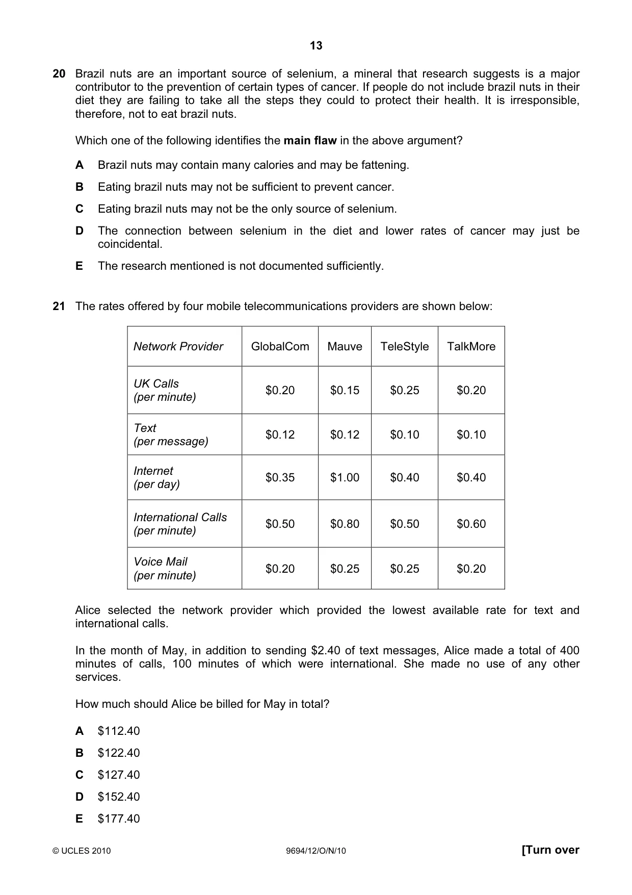 Cambridge A Level Thinking Skills 9694 2010 Oct/Nov Paper 1 · Variant 2 question paper, page 13 of 20