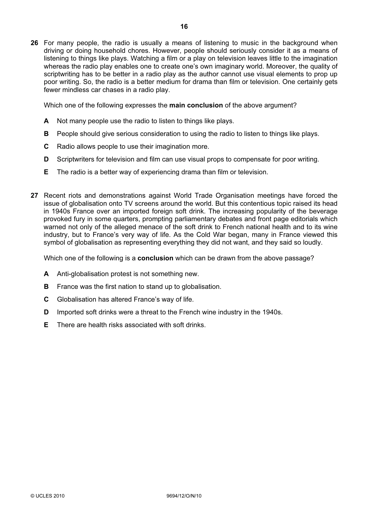 Cambridge A Level Thinking Skills 9694 2010 Oct/Nov Paper 1 · Variant 2 question paper, page 16 of 20