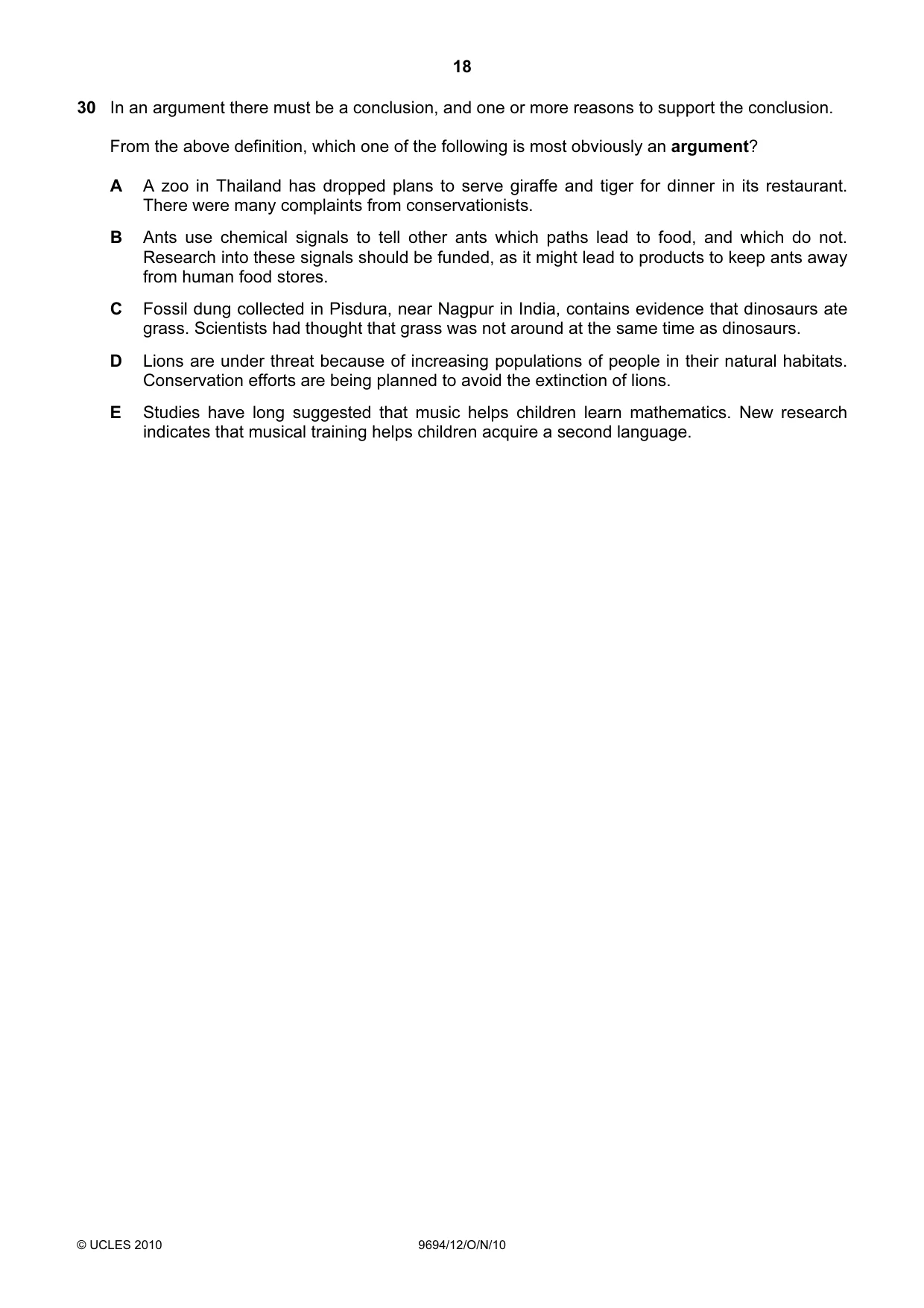 Cambridge A Level Thinking Skills 9694 2010 Oct/Nov Paper 1 · Variant 2 question paper, page 18 of 20