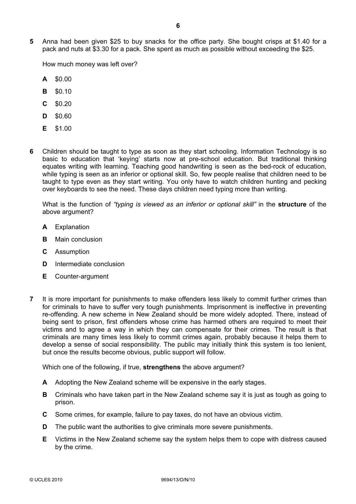 Cambridge A Level Thinking Skills 9694 2010 Oct/Nov Paper 1 · Variant 3 question paper, page 6 of 20