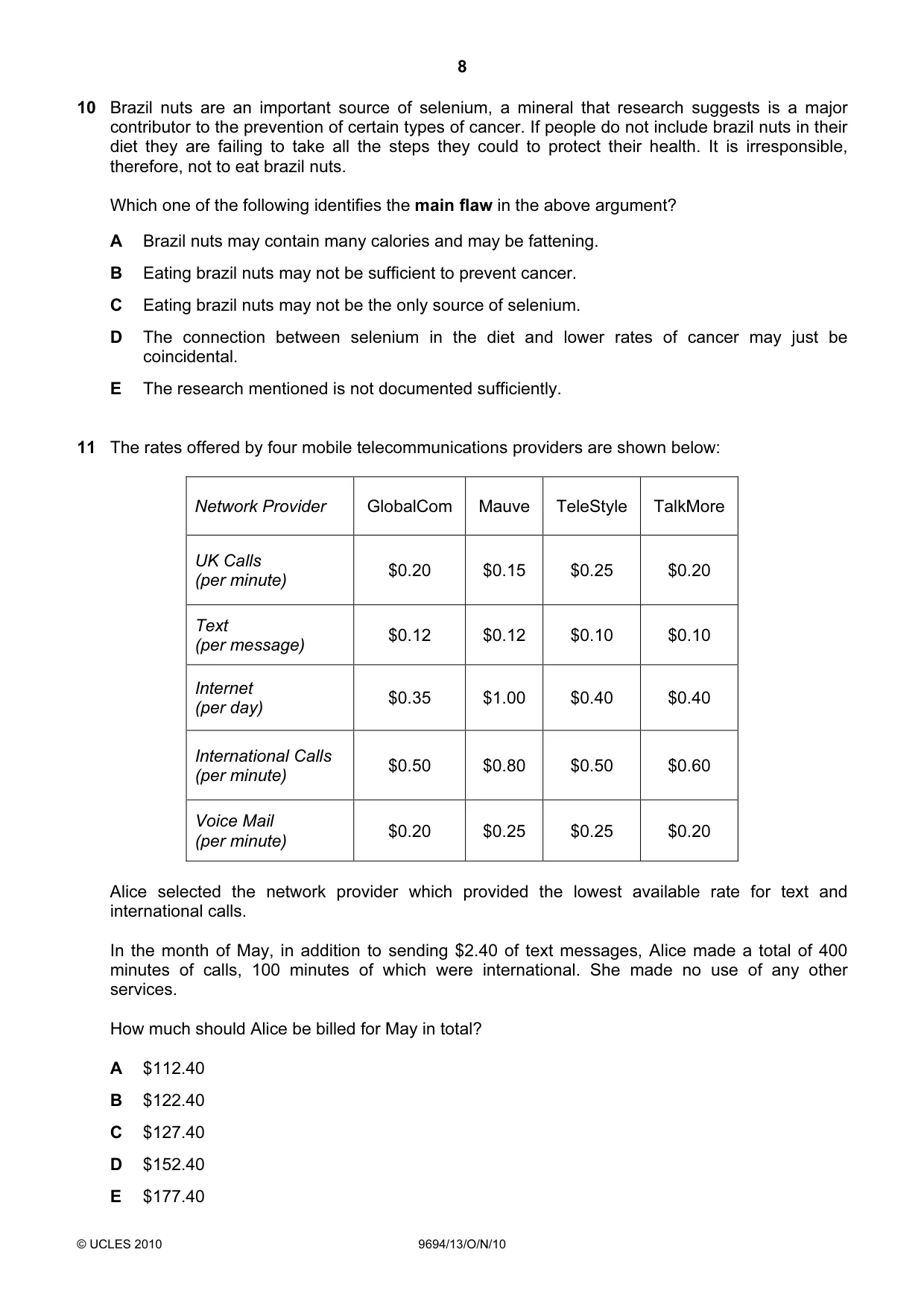 Cambridge A Level Thinking Skills 9694 2010 Oct/Nov Paper 1 · Variant 3 question paper, page 8 of 20